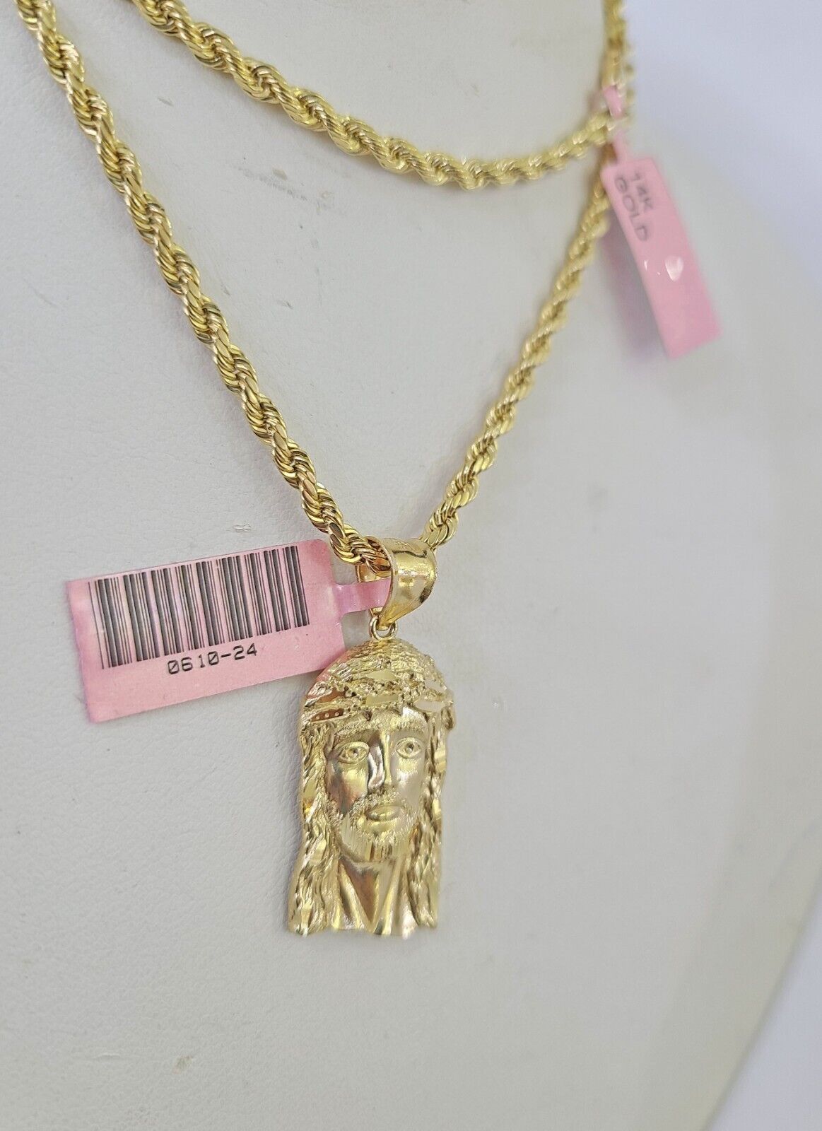 Real 14k Rope Chain Jesus Head Charm Set Yellow Gold 3mm 18 - 30" Necklace Pendant - GoldenlinQ