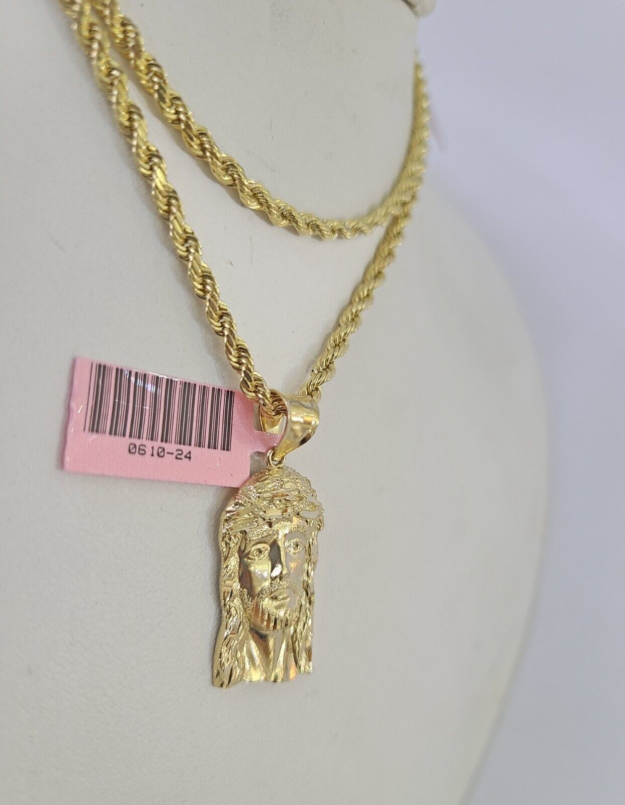 Real 14k Rope Chain Jesus Head Charm Set Yellow Gold 4mm 18 - 30" Necklace Pendant - GoldenlinQ