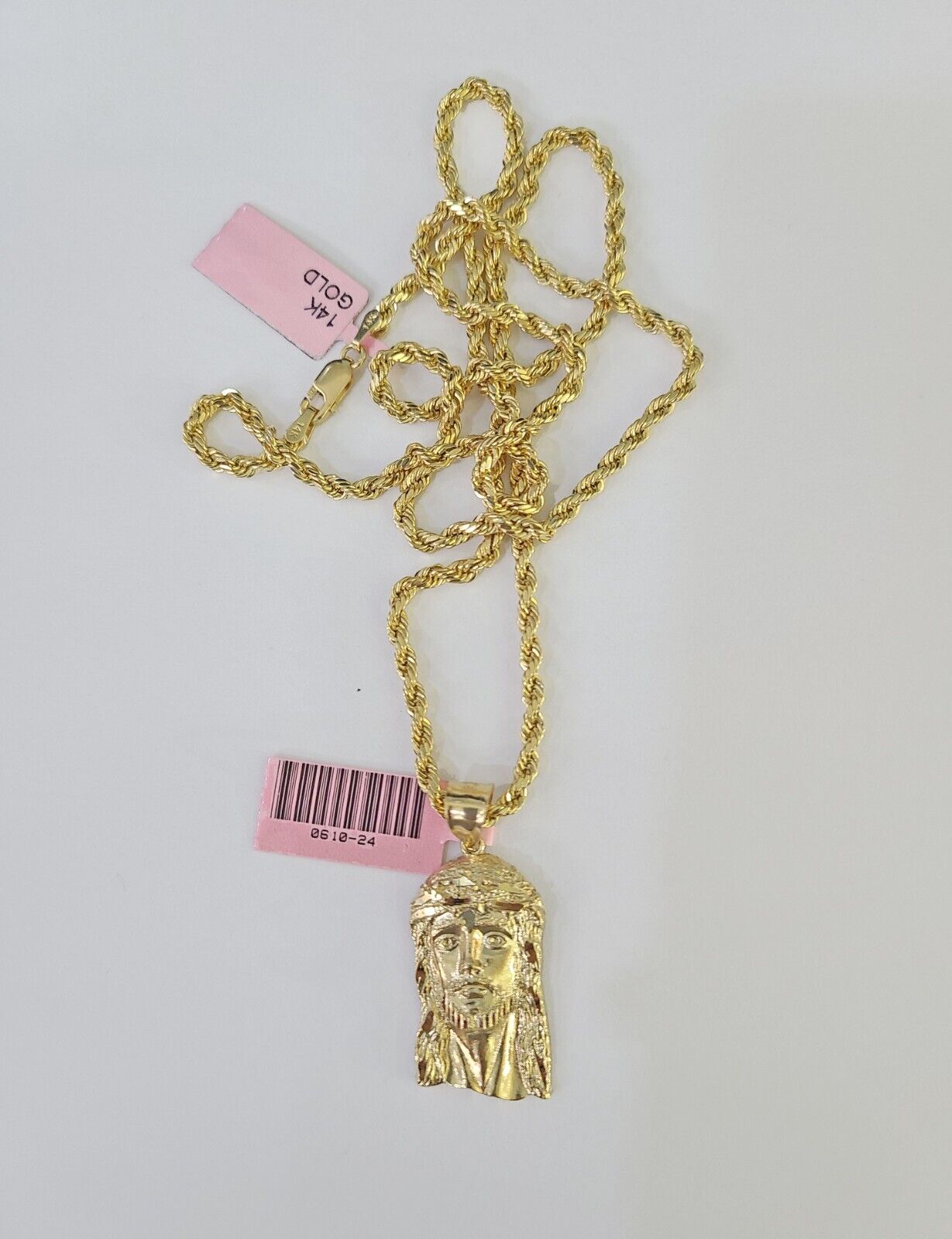 Real 14k Rope Chain Jesus Head Charm Set Yellow Gold 4mm 18 - 30" Necklace Pendant - GoldenlinQ