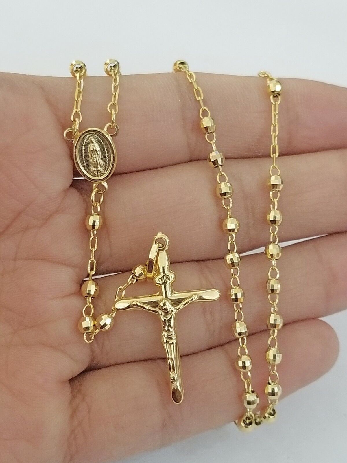 Real 14k Rosary Yellow Gold Diamond Cut Jesus Crucifix Necklace 21" Solid Chain