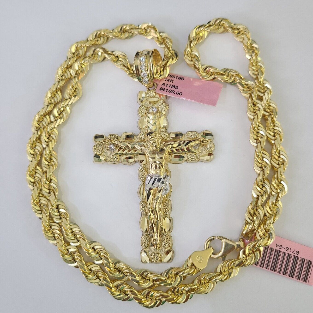 Real 14k Solid Rope Chain Jesus Cross Charm Set 6mm 18
