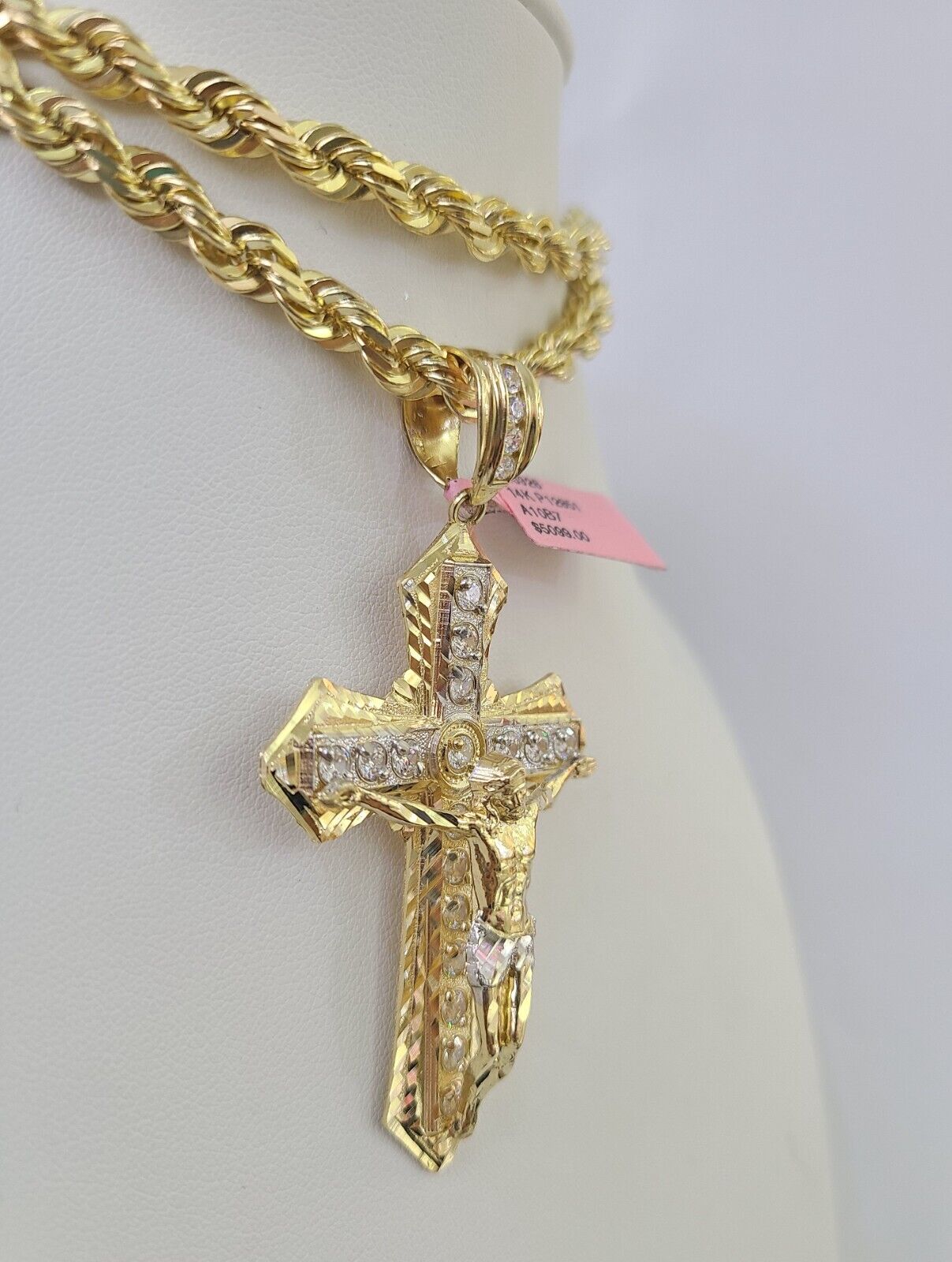Jesus Rope Silver Chain Real 14k Solid Rope Chain Jesus Cross Charm Set 6mm 18