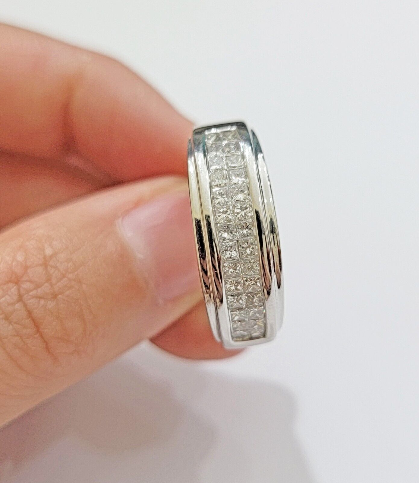 Real 14k White Diamond Ring Mens Band 0.97 Ct PrincessCut Wedding Engagement - GoldenlinQ