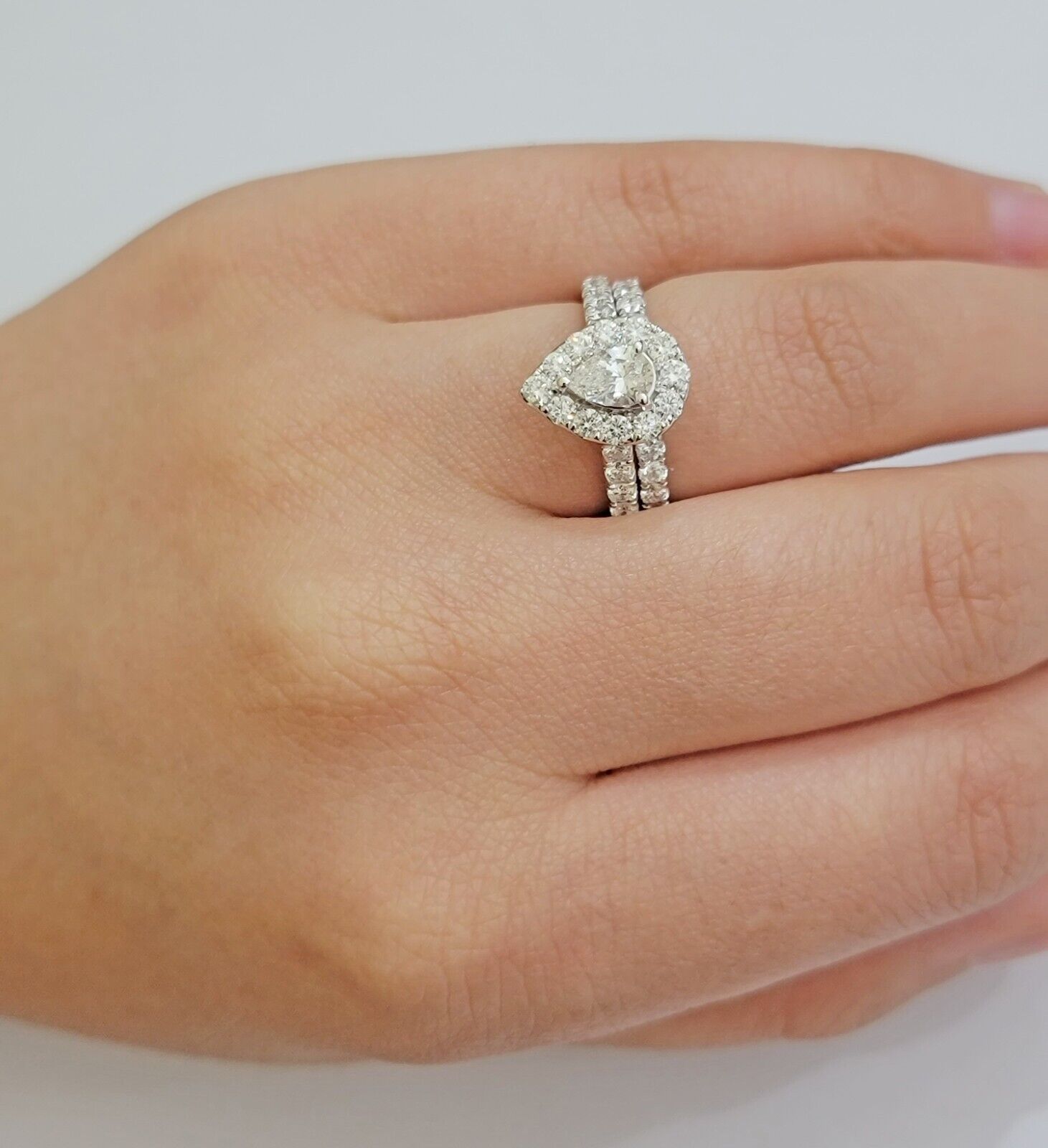 Real 14k White Gold 2CT Diamond Ladies Ring Engagement Wedding Pear SET Genuine - GoldenlinQ