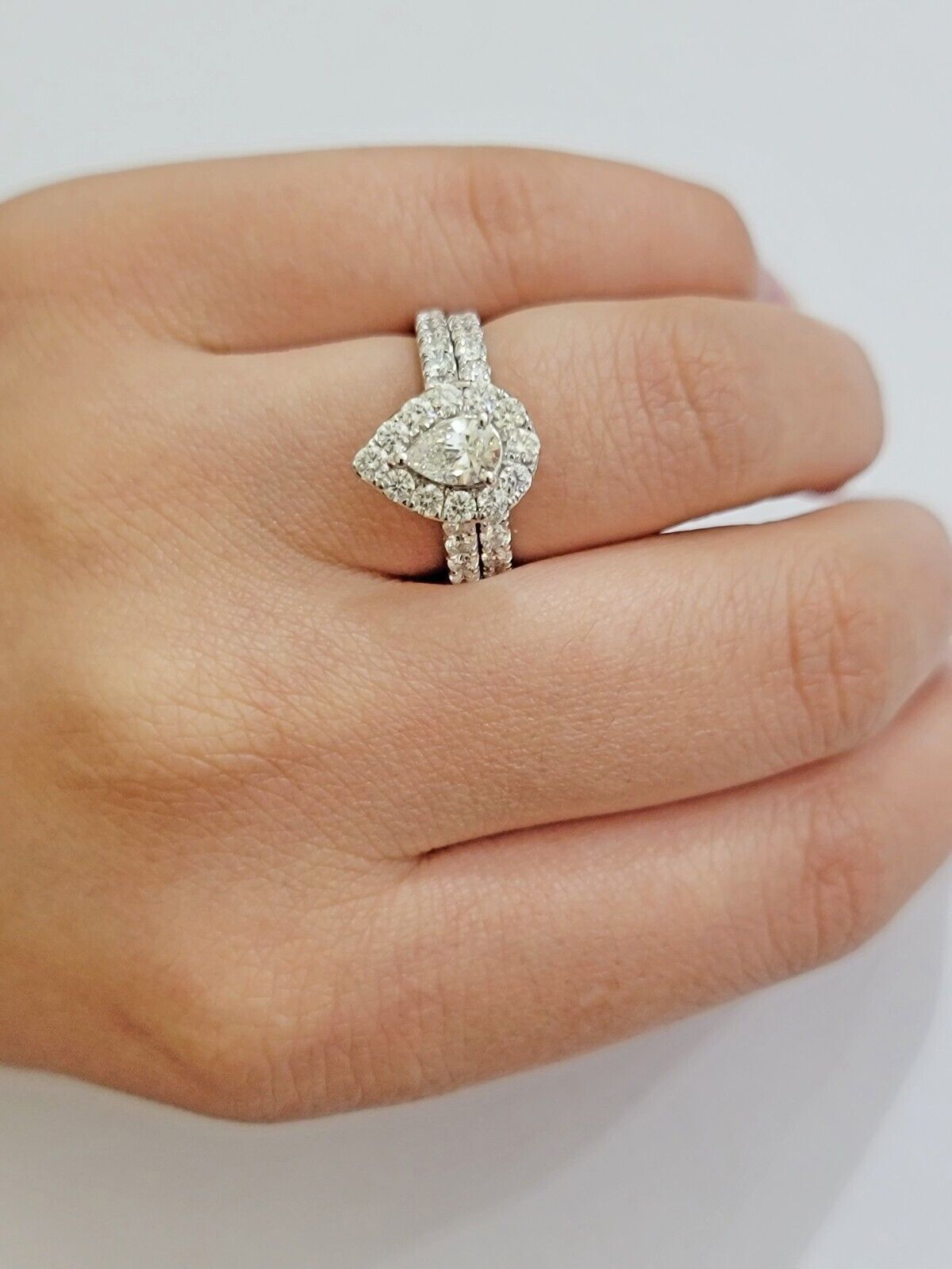 Real 14k White Gold 2CT Diamond Ladies Ring Engagement Wedding Pear SET Genuine - GoldenlinQ