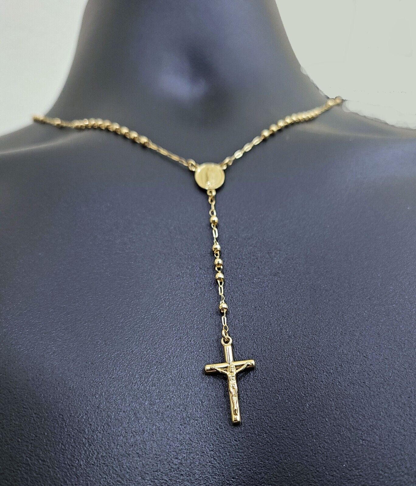 Real 14k Yellow Gold 2mm Rosary Chain 18" inch Necklace And Jesus cross Pendant - GoldenlinQ