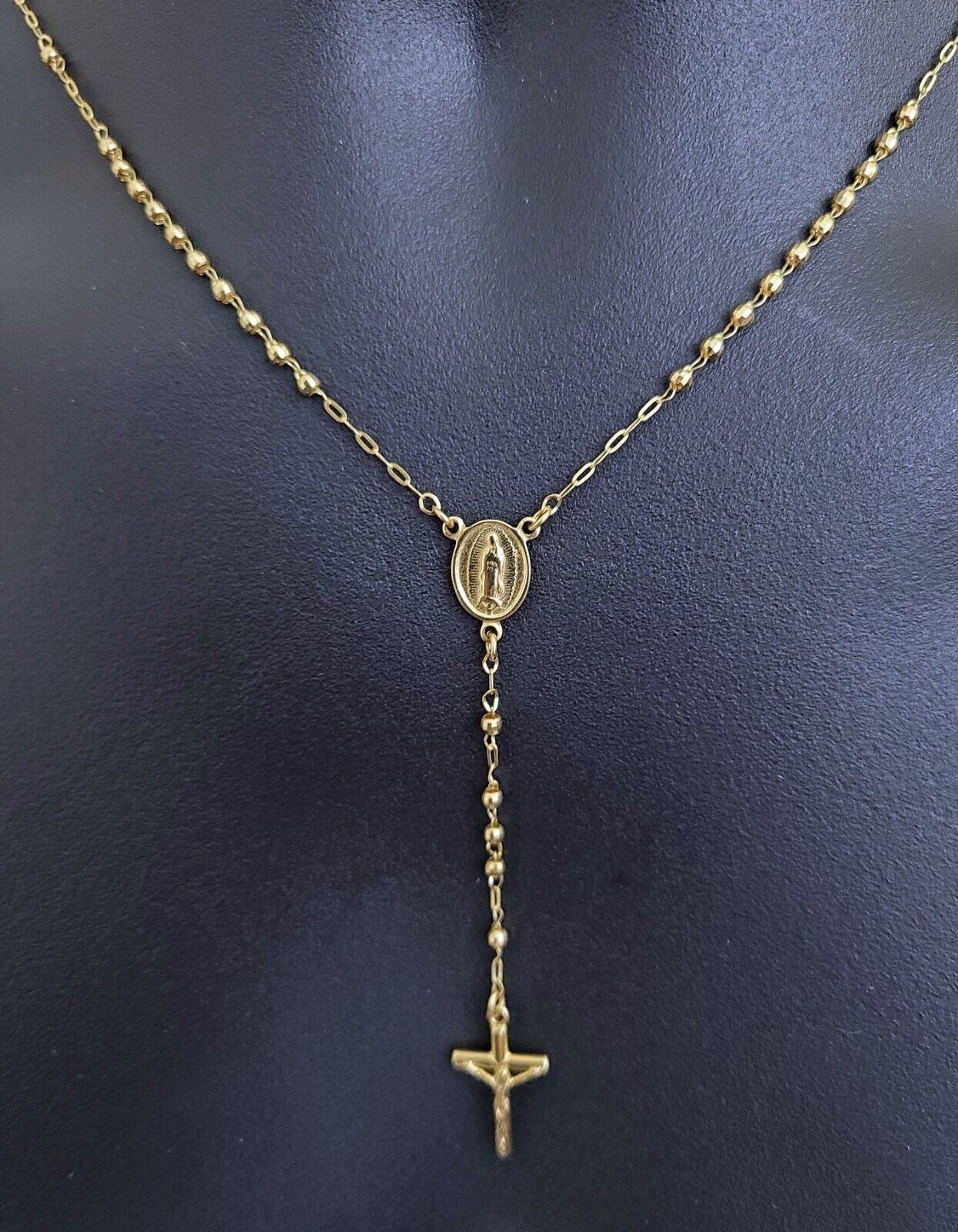 Real 14k Yellow Gold 2mm Rosary Chain 18" inch Necklace And Jesus cross Pendant - GoldenlinQ