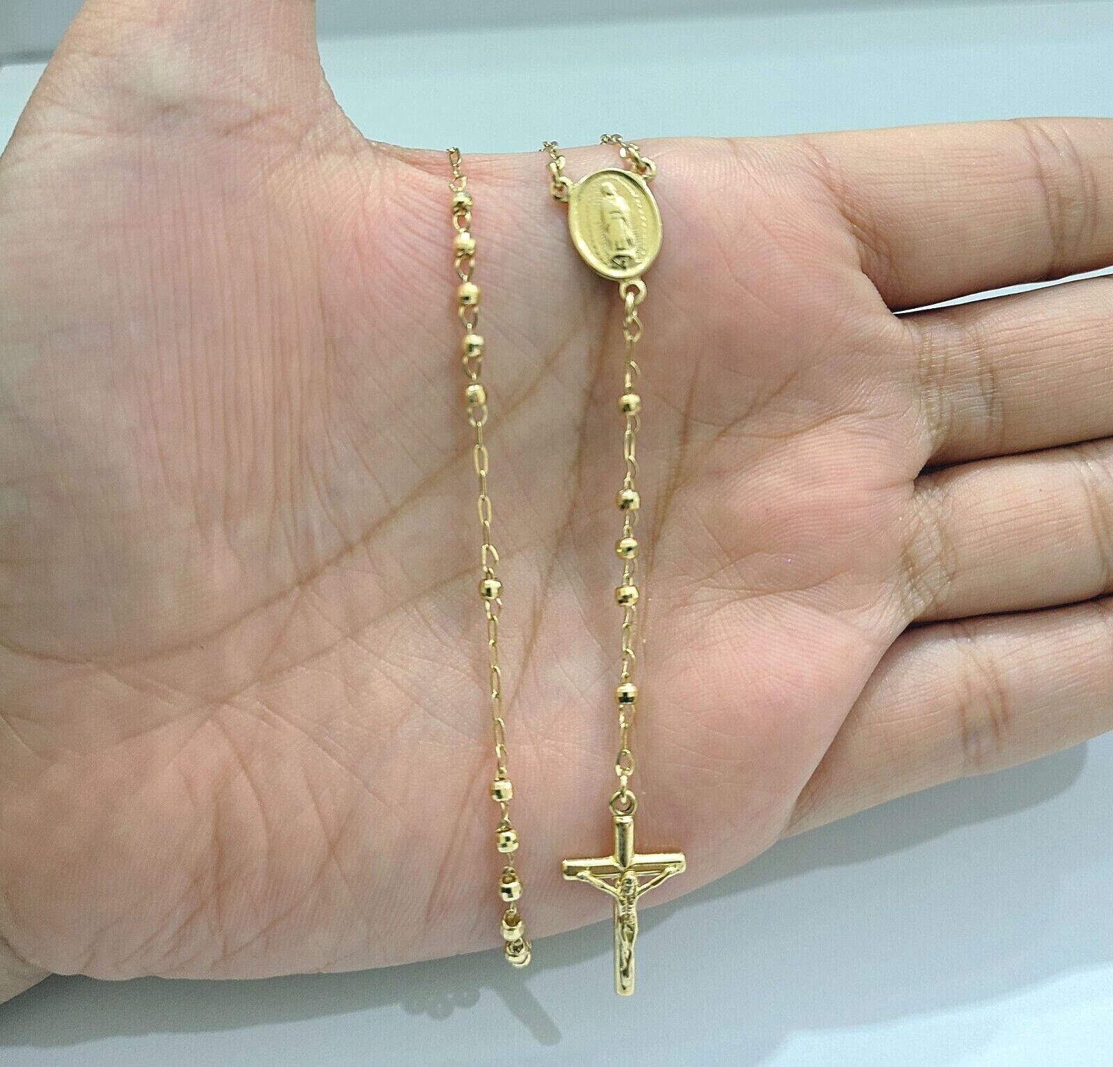 Real 14k Yellow Gold 2mm Rosary Chain 18" inch Necklace And Jesus cross Pendant - GoldenlinQ