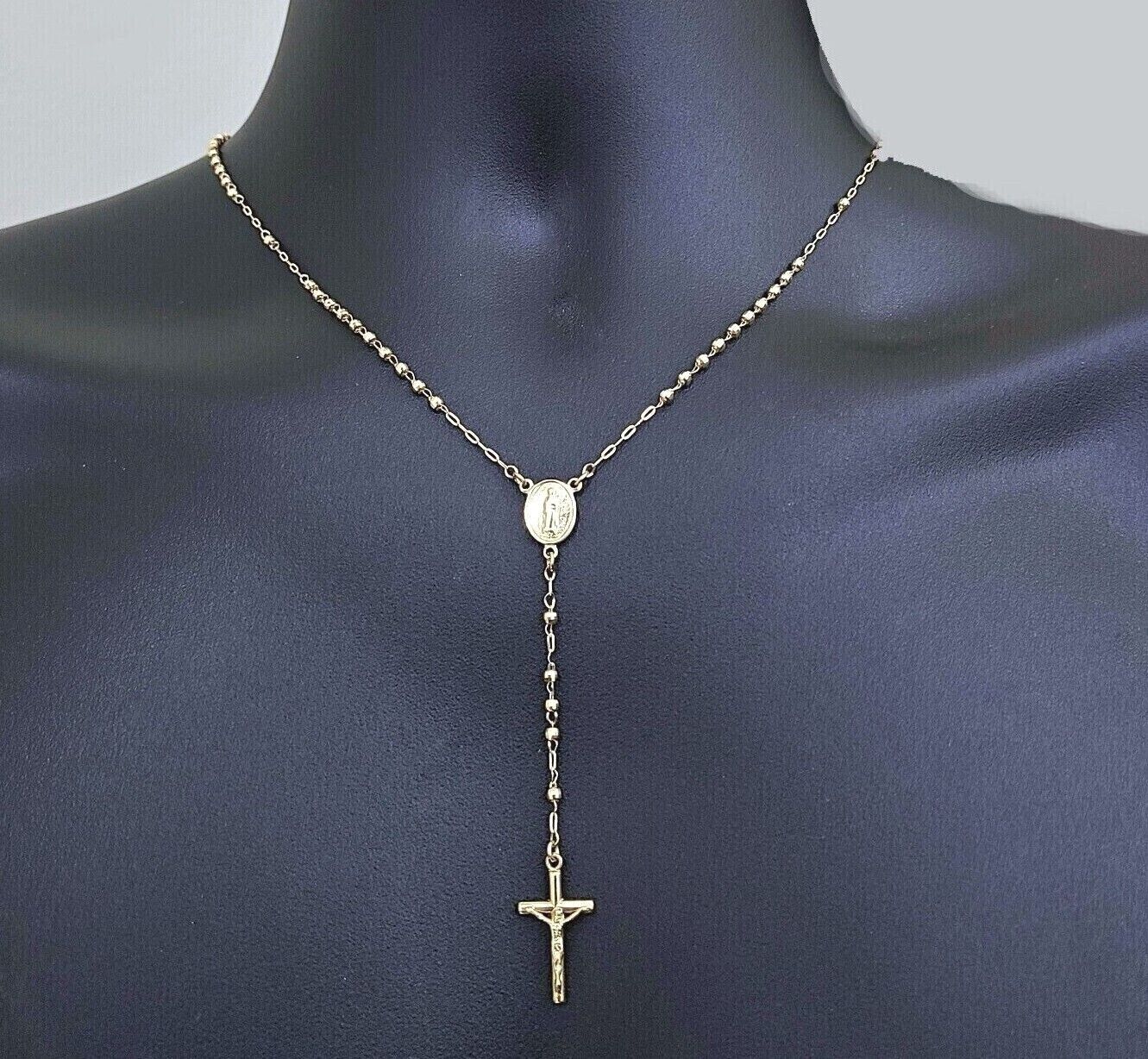Real 14k Yellow Gold 2mm Rosary Chain 18" inch Necklace And Jesus cross Pendant - GoldenlinQ