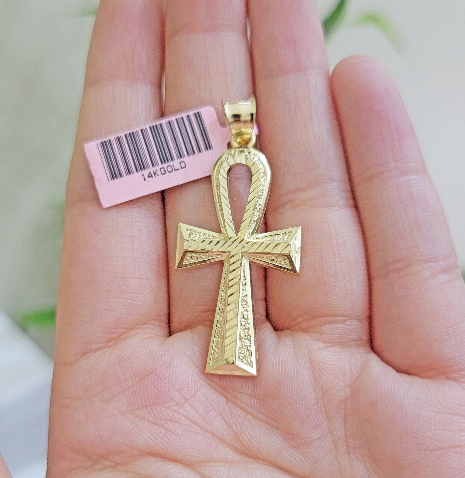 Real 14k Yellow Gold Ankh charm pendant 1.75 Inch Diamond Cuts Charm for Chains - GoldenlinQ
