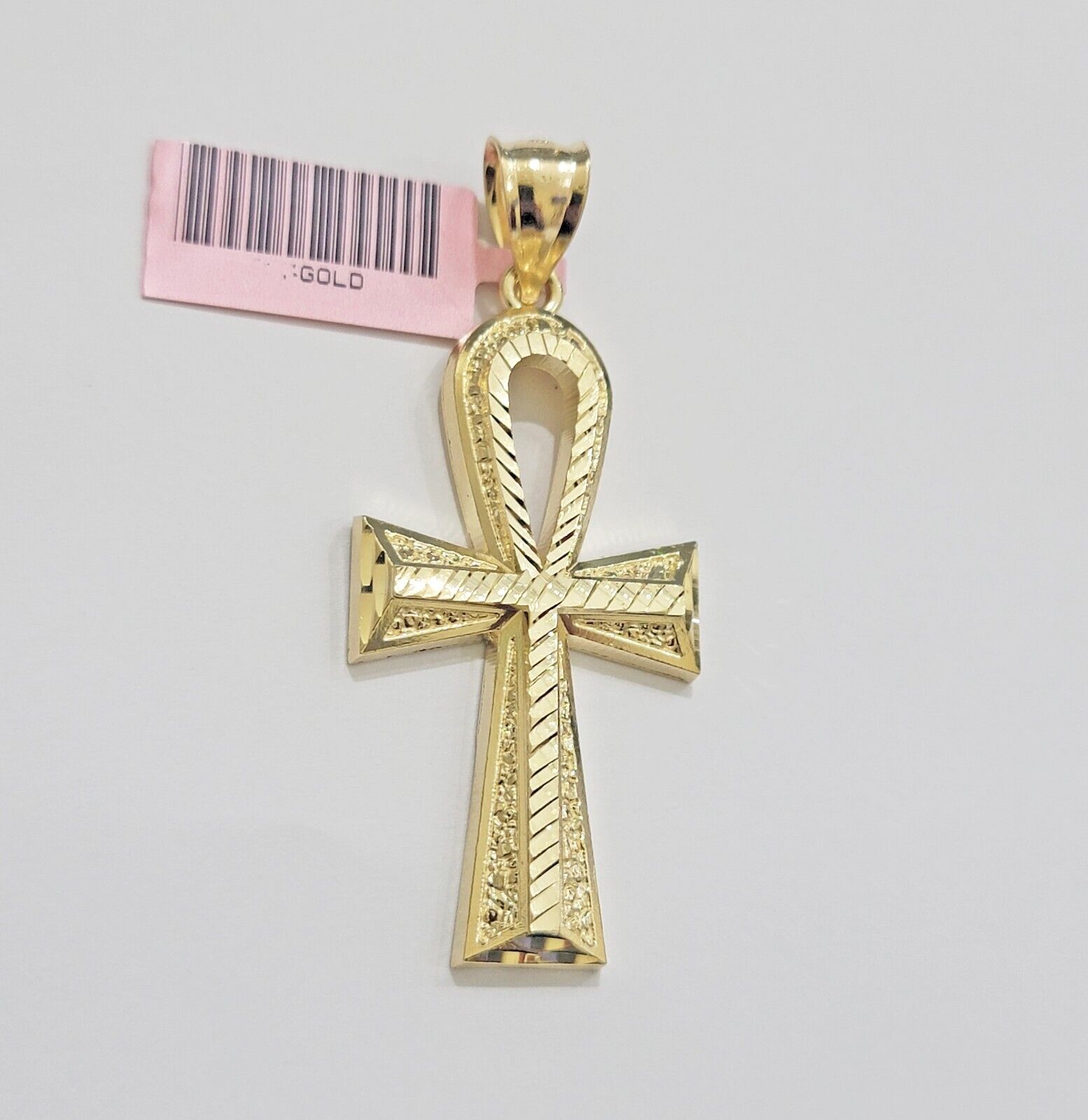 Real 14k Yellow Gold Ankh charm pendant 2.2 Inches Diamond Cuts Charm for Chains - GoldenlinQ