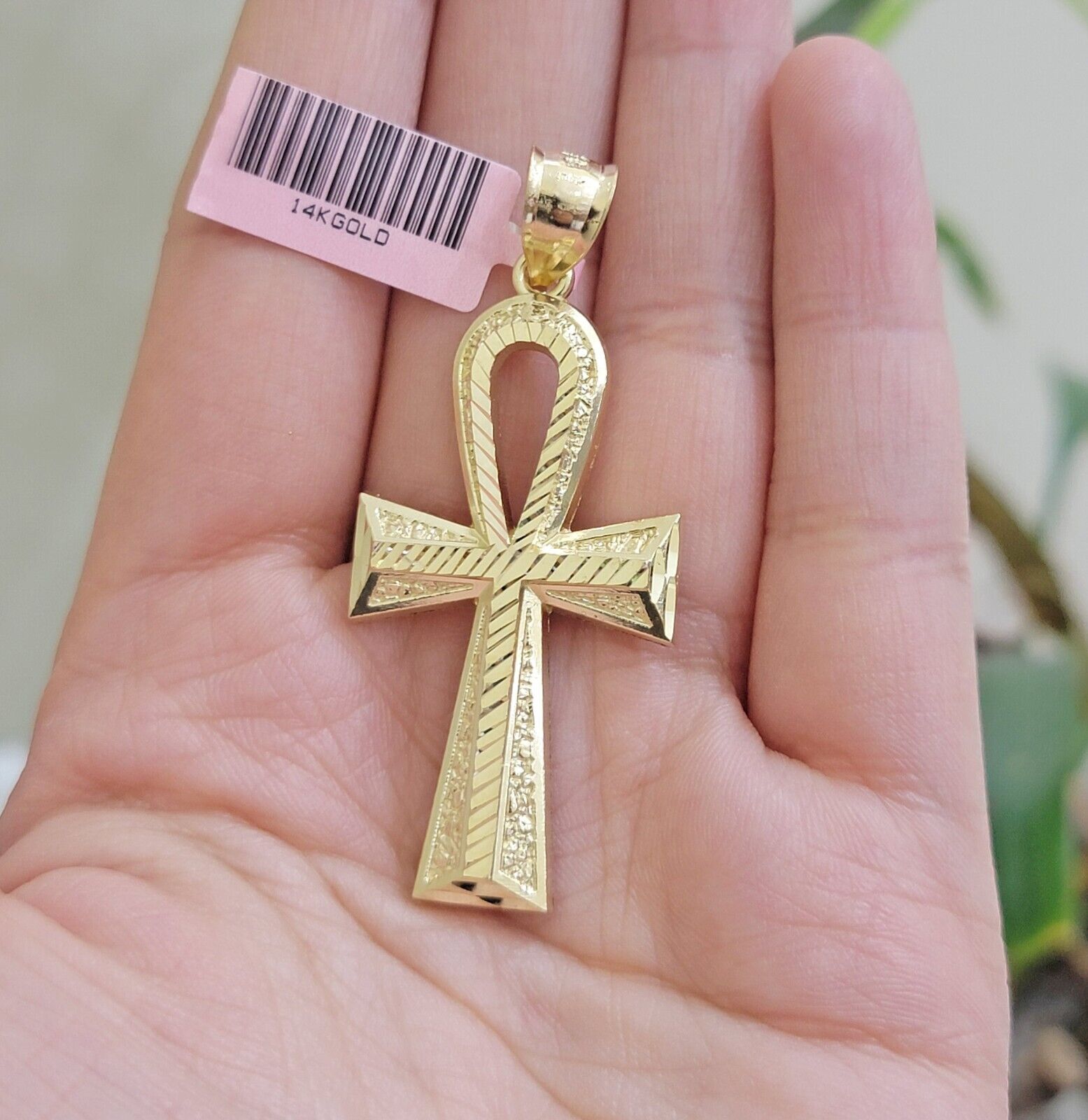 Real 14k Yellow Gold Ankh charm pendant 2.2 Inches Diamond Cuts Charm for Chains - GoldenlinQ