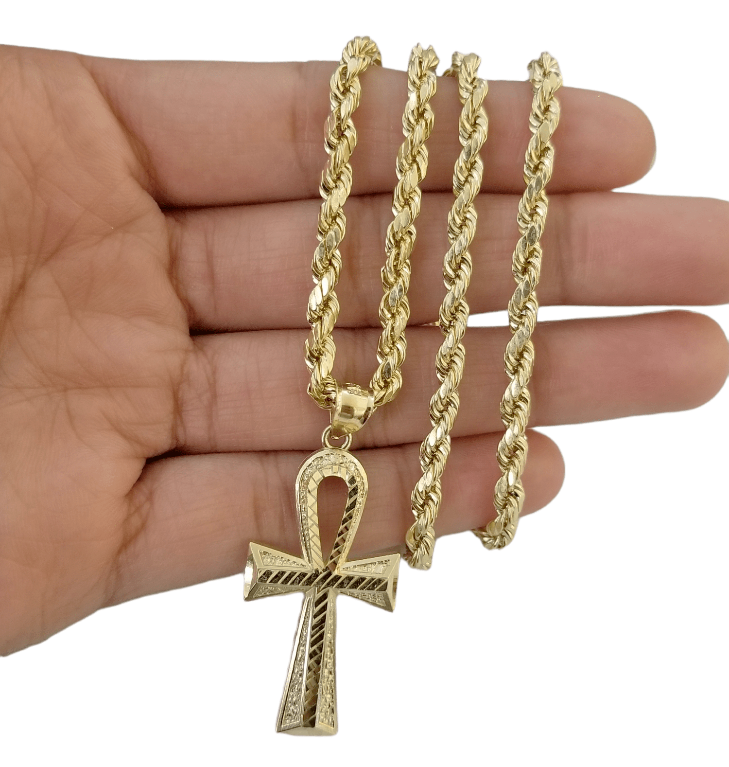 Real 14k Yellow Gold Ankh charm pendant 2.2 Inches Diamond Cuts Charm for Chains - GoldenlinQ
