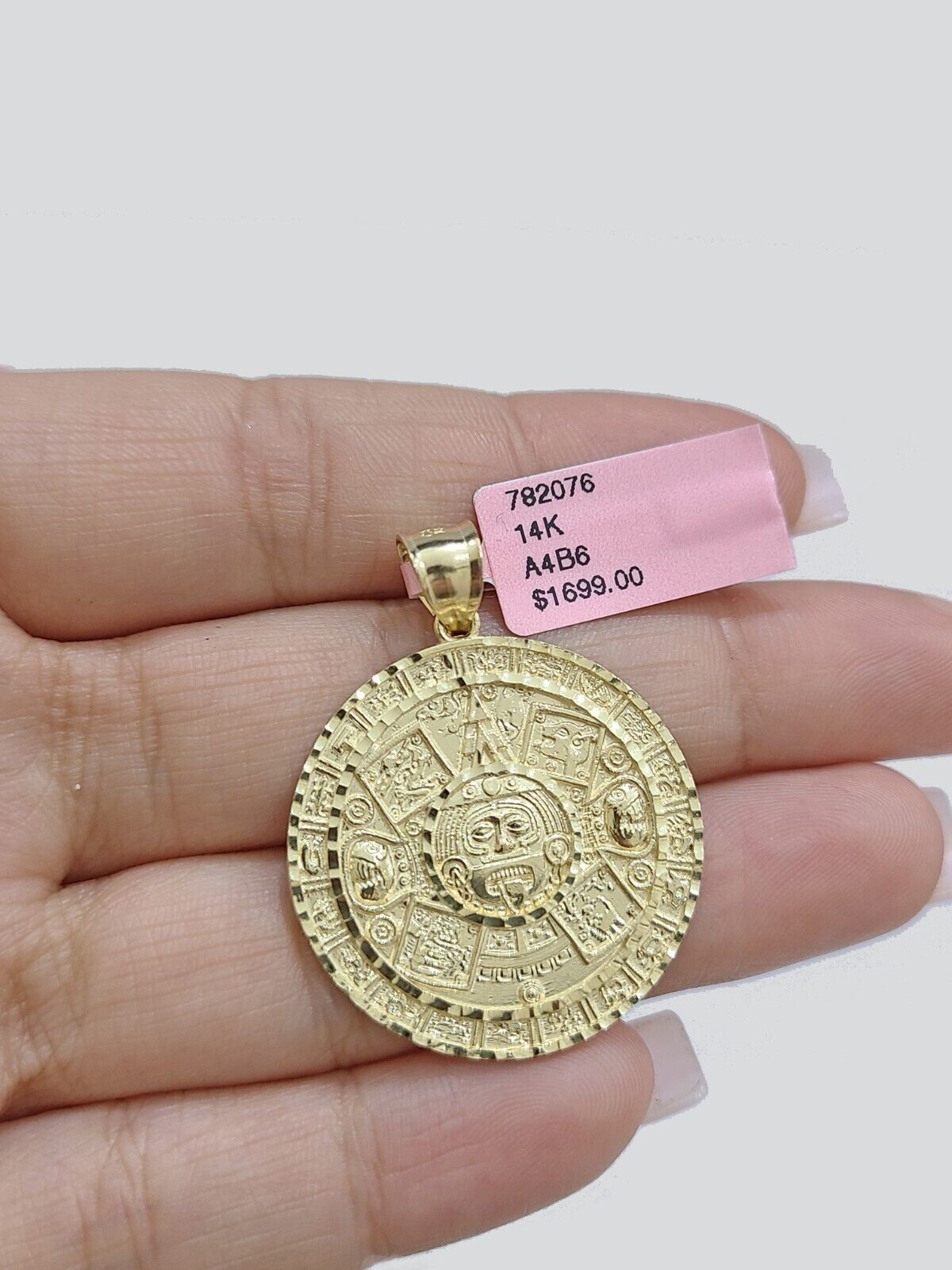 Real 14K Yellow Gold Aztec Calendar Charm Solid Pendant For Chain 14KT Necklace - GoldenlinQ