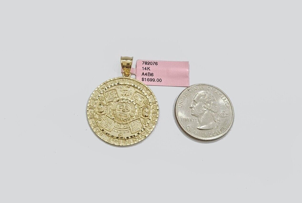 Real 14K Yellow Gold Aztec Calendar Charm Solid Pendant For Chain 14KT Necklace - GoldenlinQ