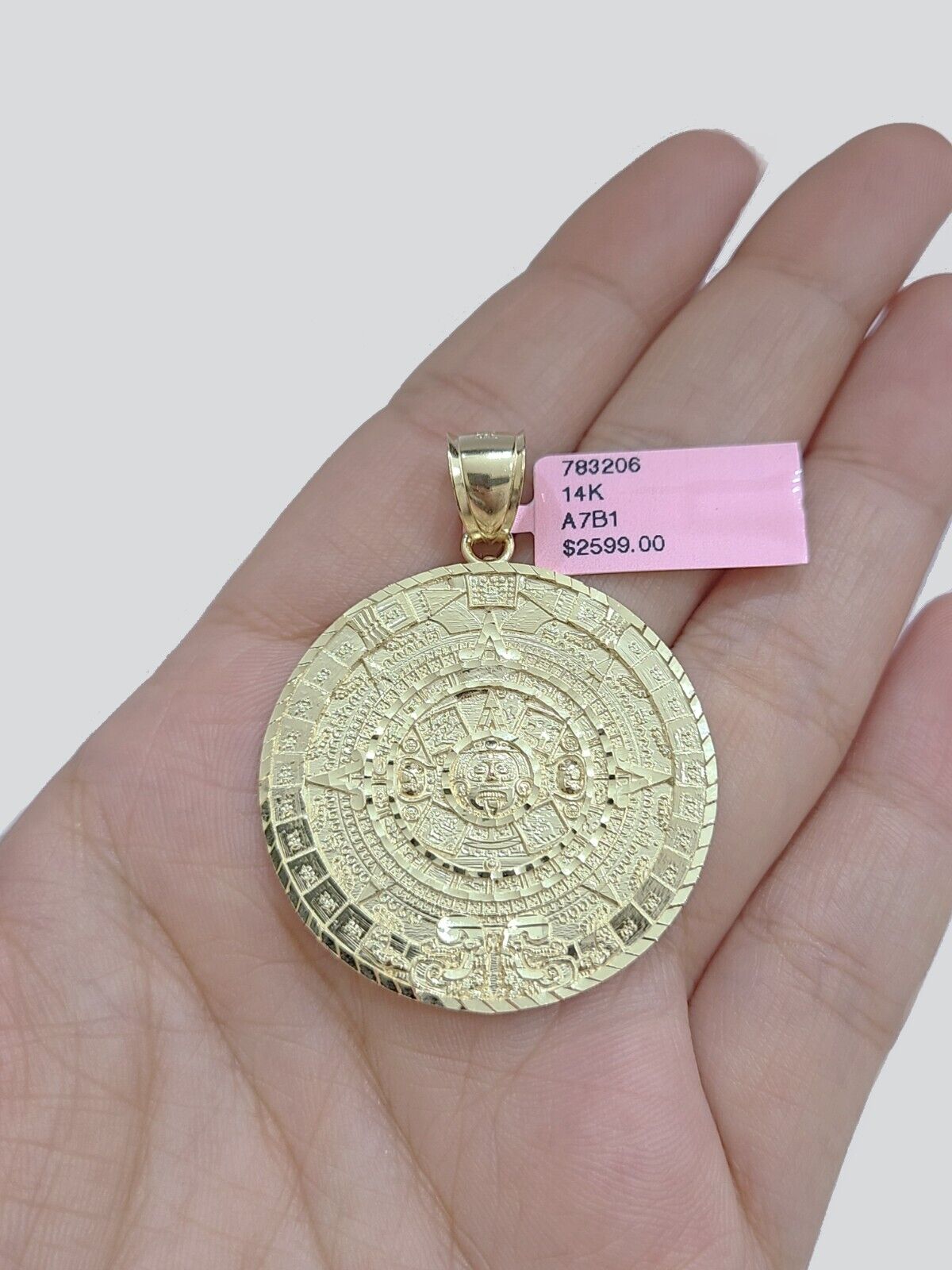 Real 14K Yellow Gold Aztec Calendar Charm Solid Pendant For Chain 14KT Necklace - GoldenlinQ