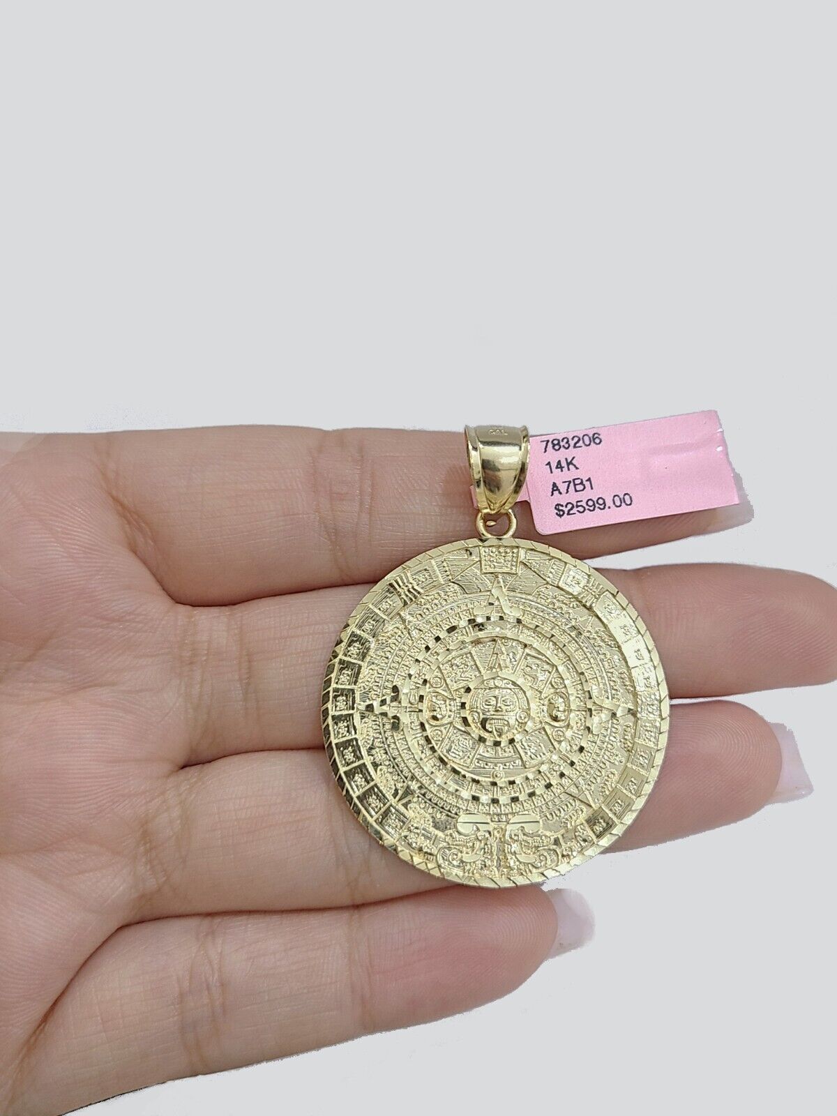 Real 14K Yellow Gold Aztec Calendar Charm Solid Pendant For Chain 14KT Necklace - GoldenlinQ