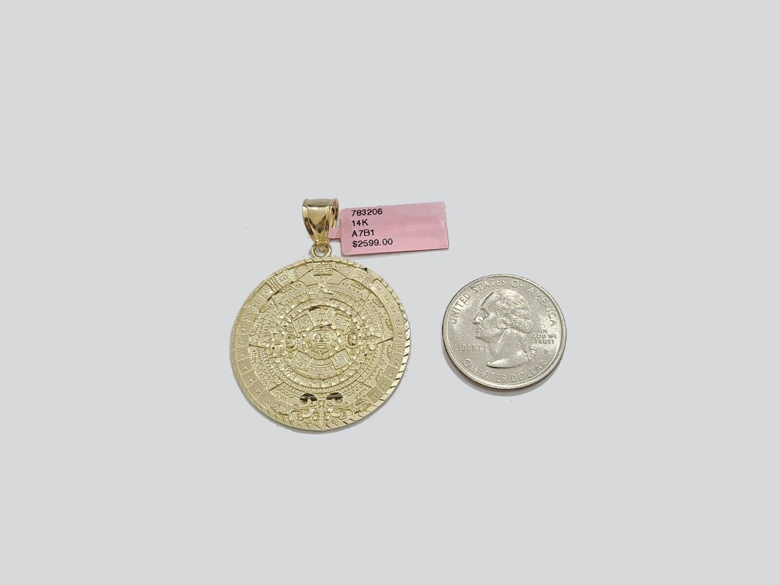 Real 14K Yellow Gold Aztec Calendar Charm Solid Pendant For Chain 14KT Necklace - GoldenlinQ