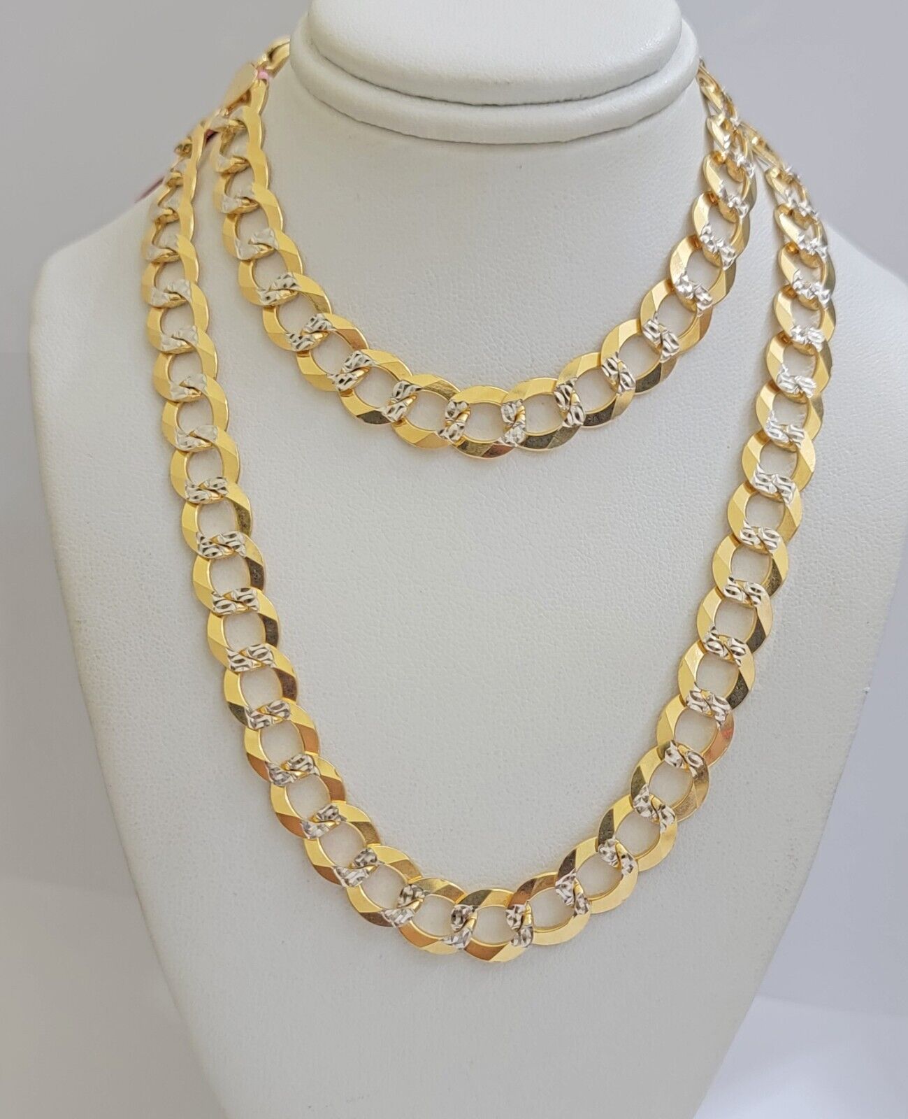 Real 14k Yellow Gold Chain Necklace Two - tone Cuban Curb Link 9.5mm 22 inch SOLID - GoldenlinQ