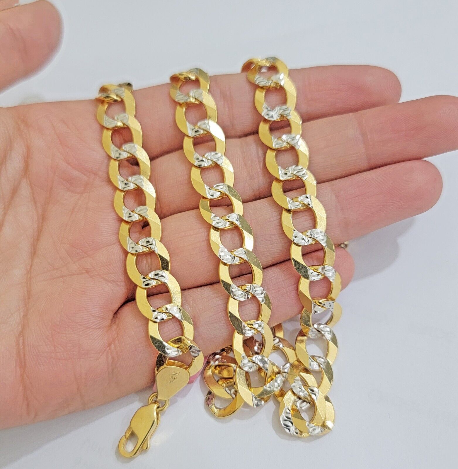 Real 14k Yellow Gold Chain Necklace Two - tone Cuban Curb Link 9.5mm 22 inch SOLID - GoldenlinQ
