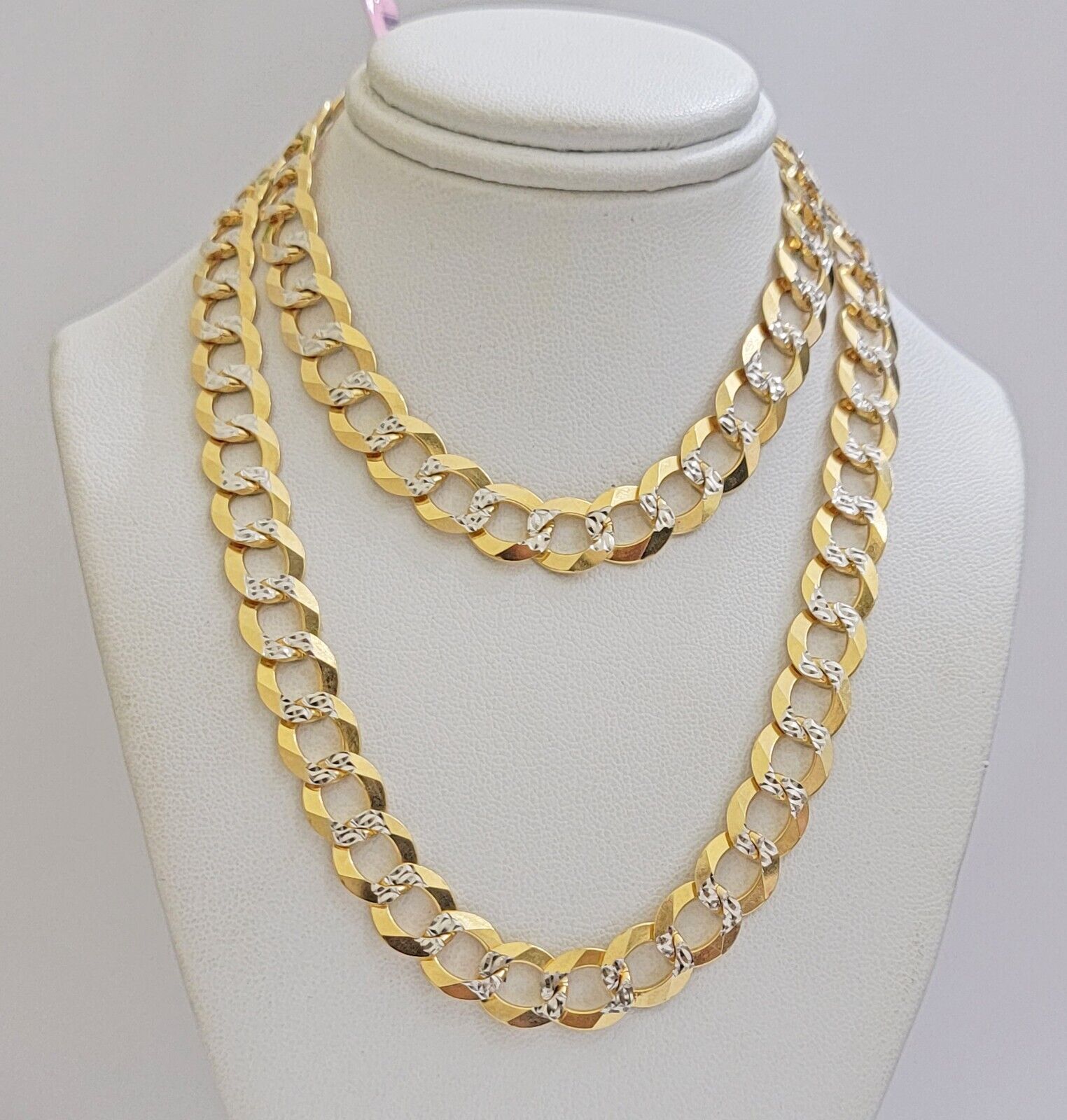 Real 14k Yellow Gold Chain Necklace Two - tone Cuban Curb Link 9.5mm 28 inch SOLID - GoldenlinQ