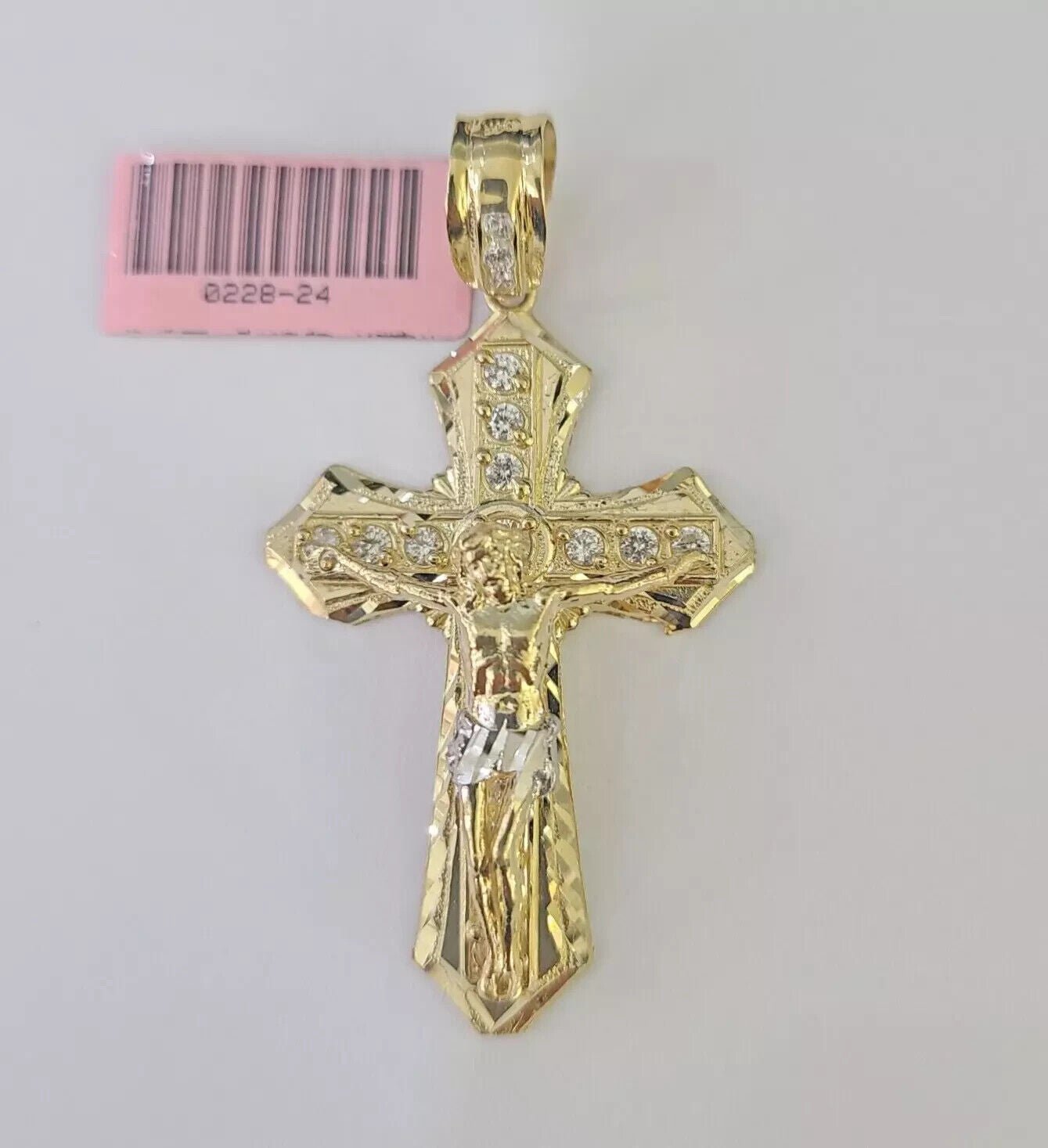 Real 14k Yellow Gold Cross Charm Pendant 14kt Jesus Crucifix With Stone For Mens - GoldenlinQ