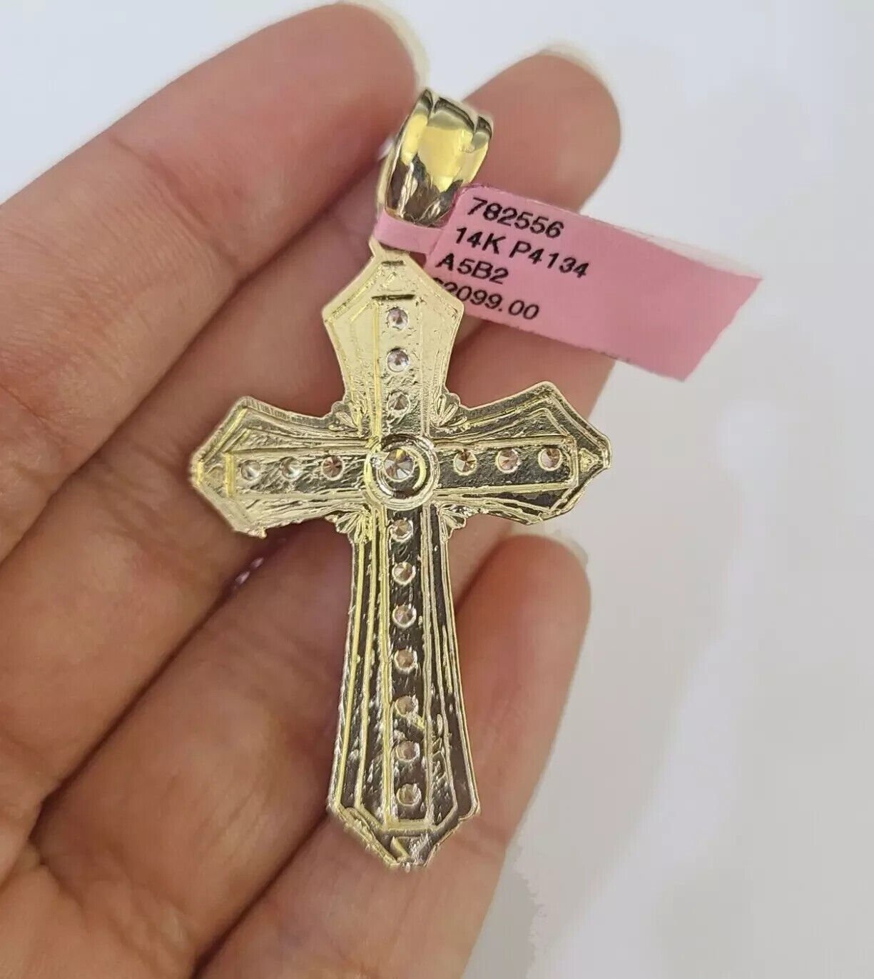 Real 14k Yellow Gold Cross Charm Pendant 14kt Jesus Crucifix With Stone For Mens - GoldenlinQ