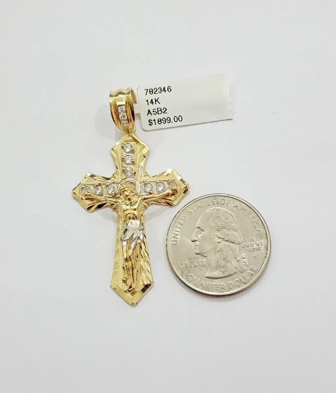 Real 14k Yellow Gold Cross Charm Pendant 14kt Jesus Crucifix With Stone For Mens - GoldenlinQ