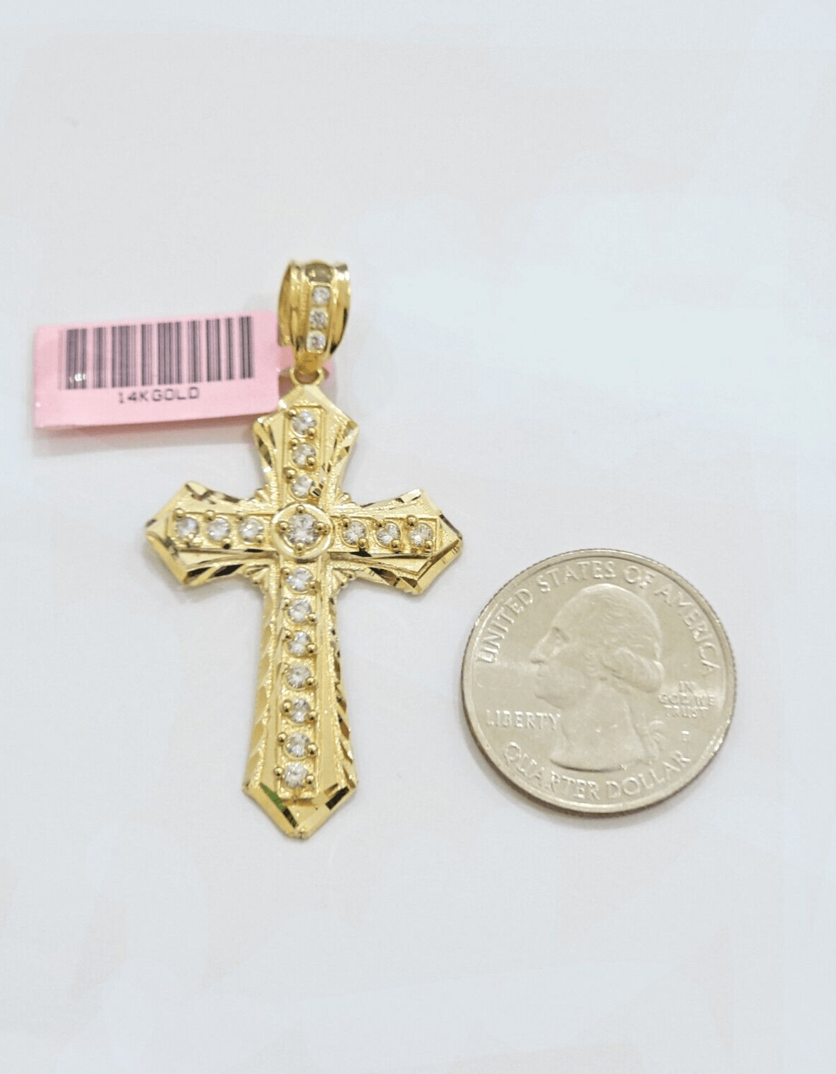 Real 14k Yellow Gold Cross Charm Pendant 2 Inch Diamond Cuts CZ Charm For Chains - GoldenlinQ