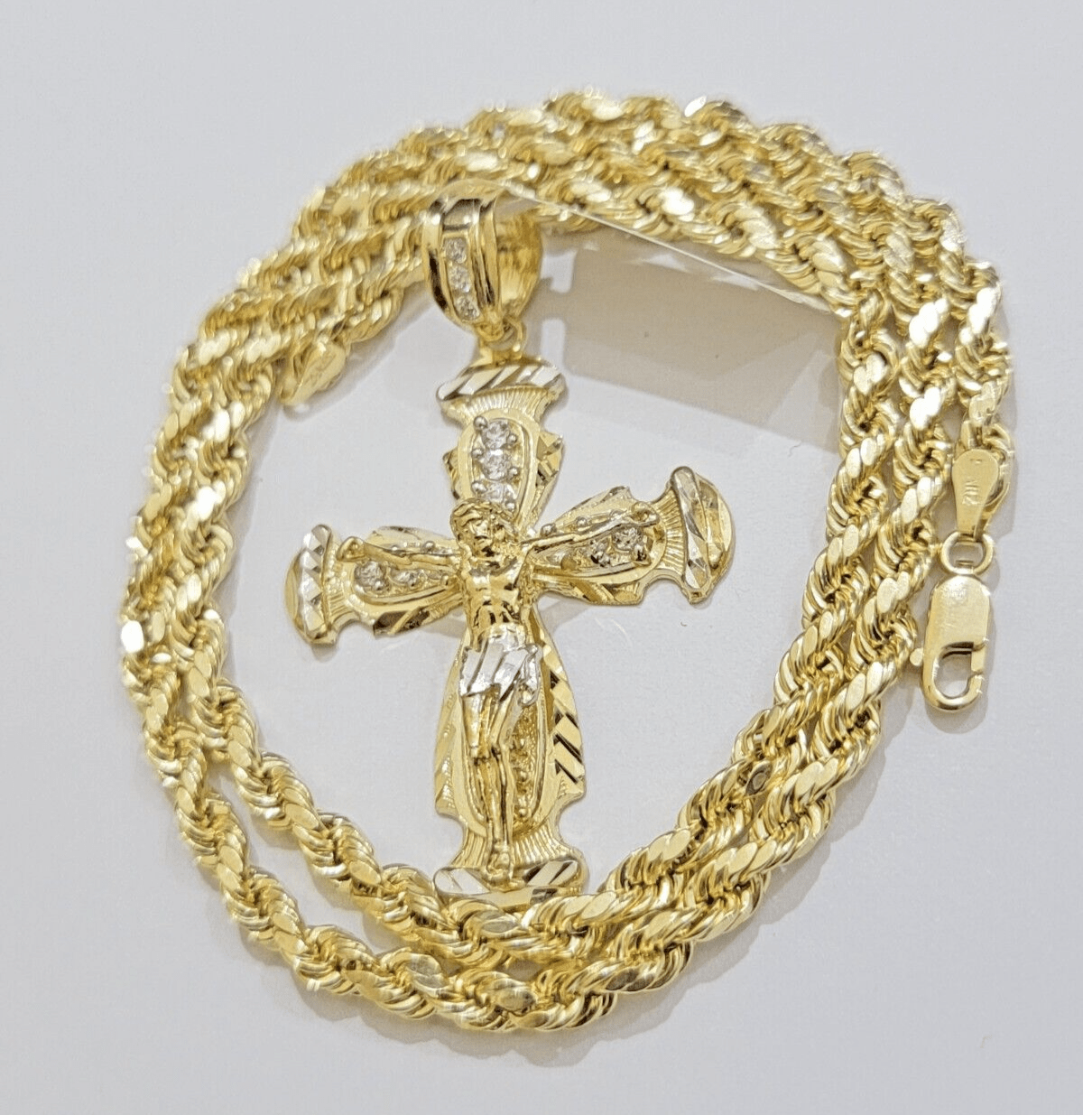 Real 14k Yellow Gold Cross pendant & Rope Chain Necklace 5mm 20" SET Charm Men's - GoldenlinQ