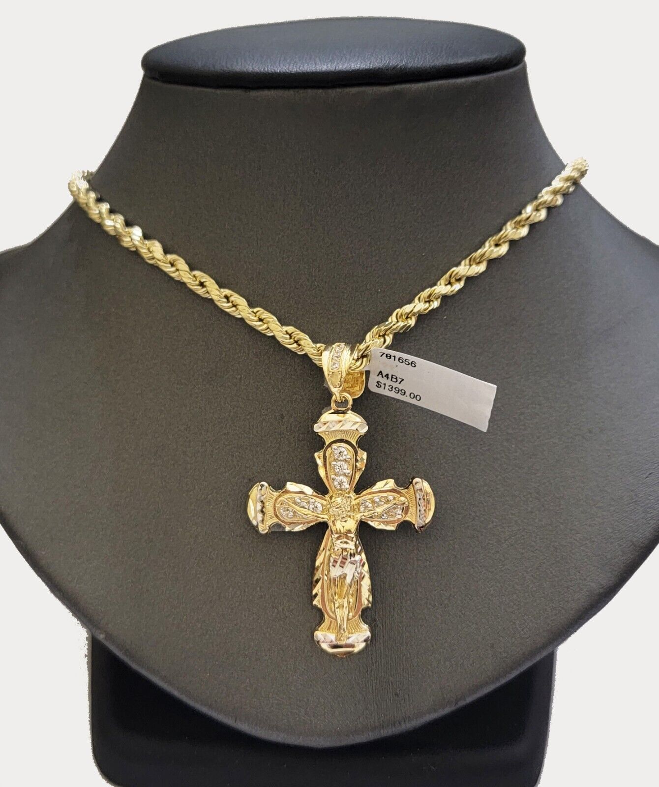 Real 14k Yellow Gold Cross pendant & Rope Chain Necklace 5mm 22" SET Charm Men's - GoldenlinQ