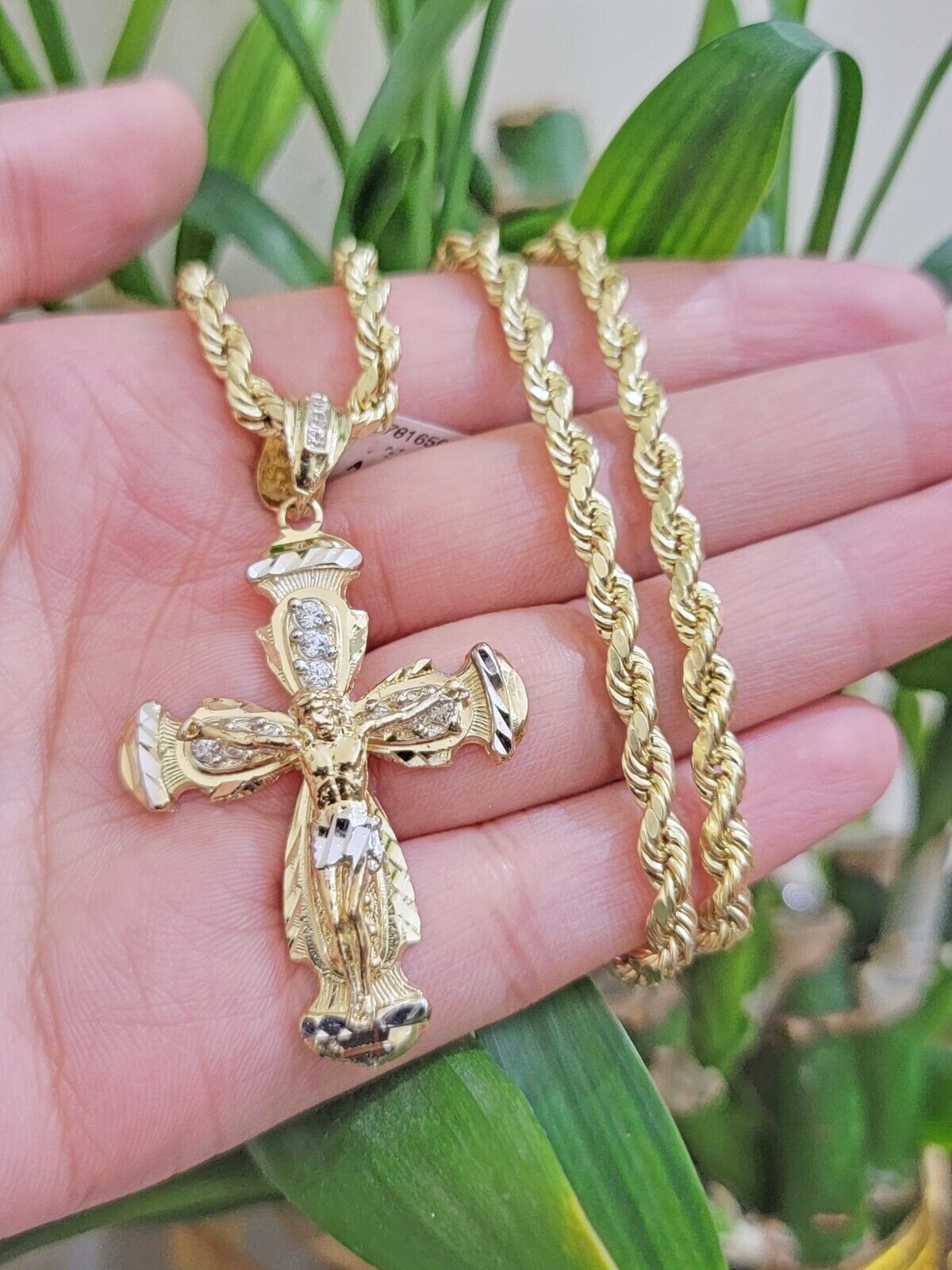 Real 14k Yellow Gold Cross pendant With Rope Chain Necklace 5mm 26" SET Charm - GoldenlinQ