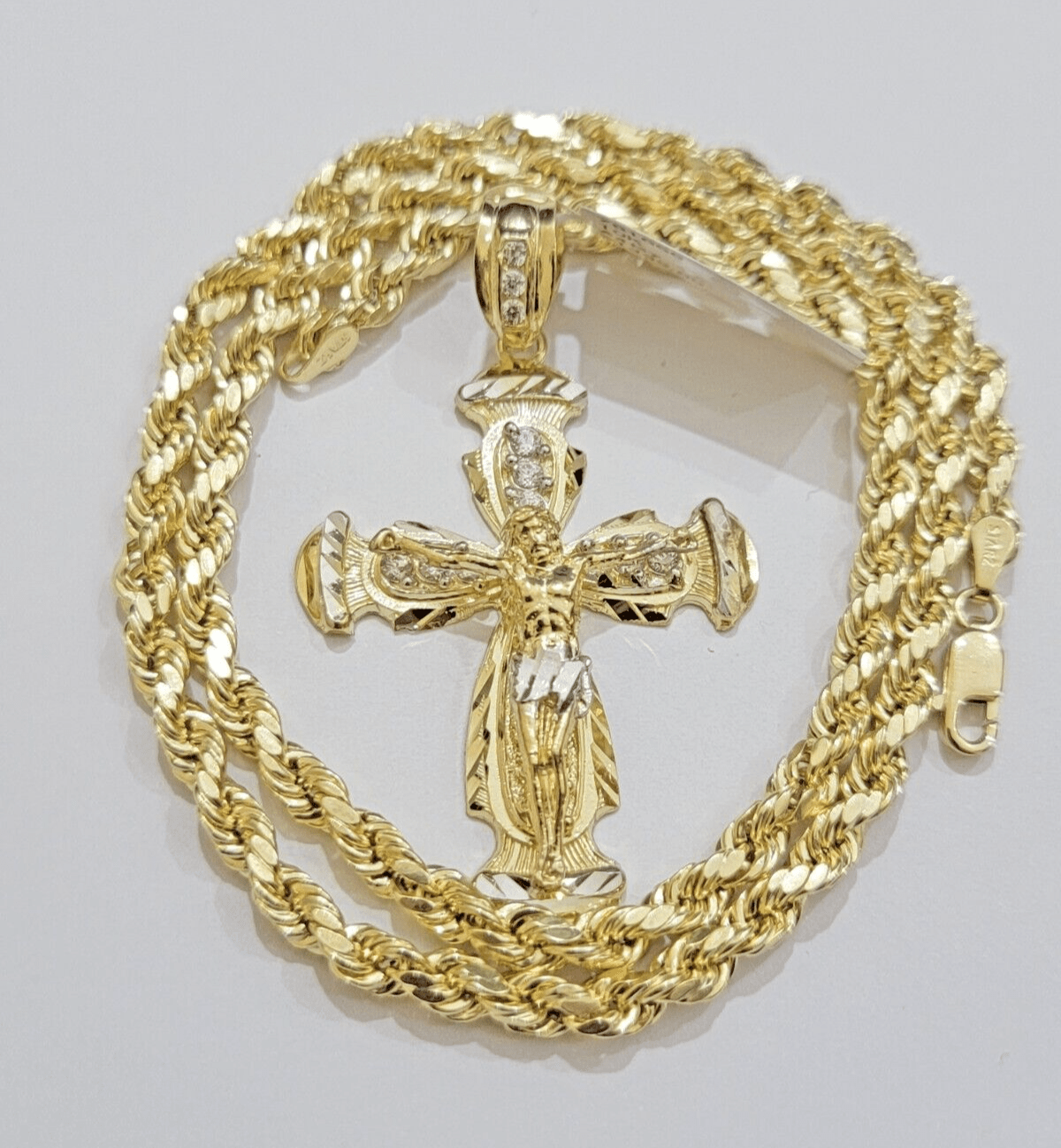 Real 14k Yellow Gold Cross pendant With Rope Chain Necklace 5mm 26" SET Charm - GoldenlinQ