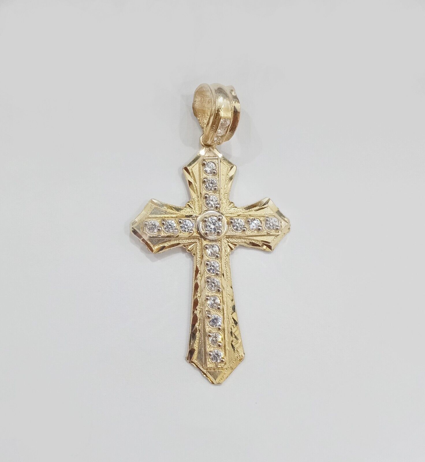 Real 14k Yellow Gold Diamond Cut Cross Charm Pendant 2" - GoldenlinQ