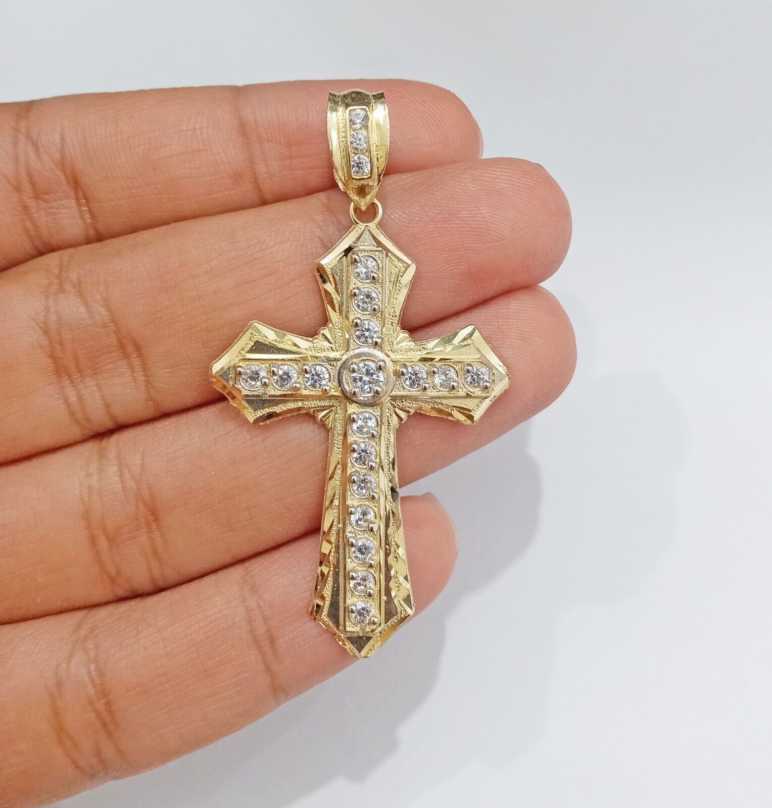 Real 14k Yellow Gold Diamond Cut Cross Charm Pendant 2" - GoldenlinQ