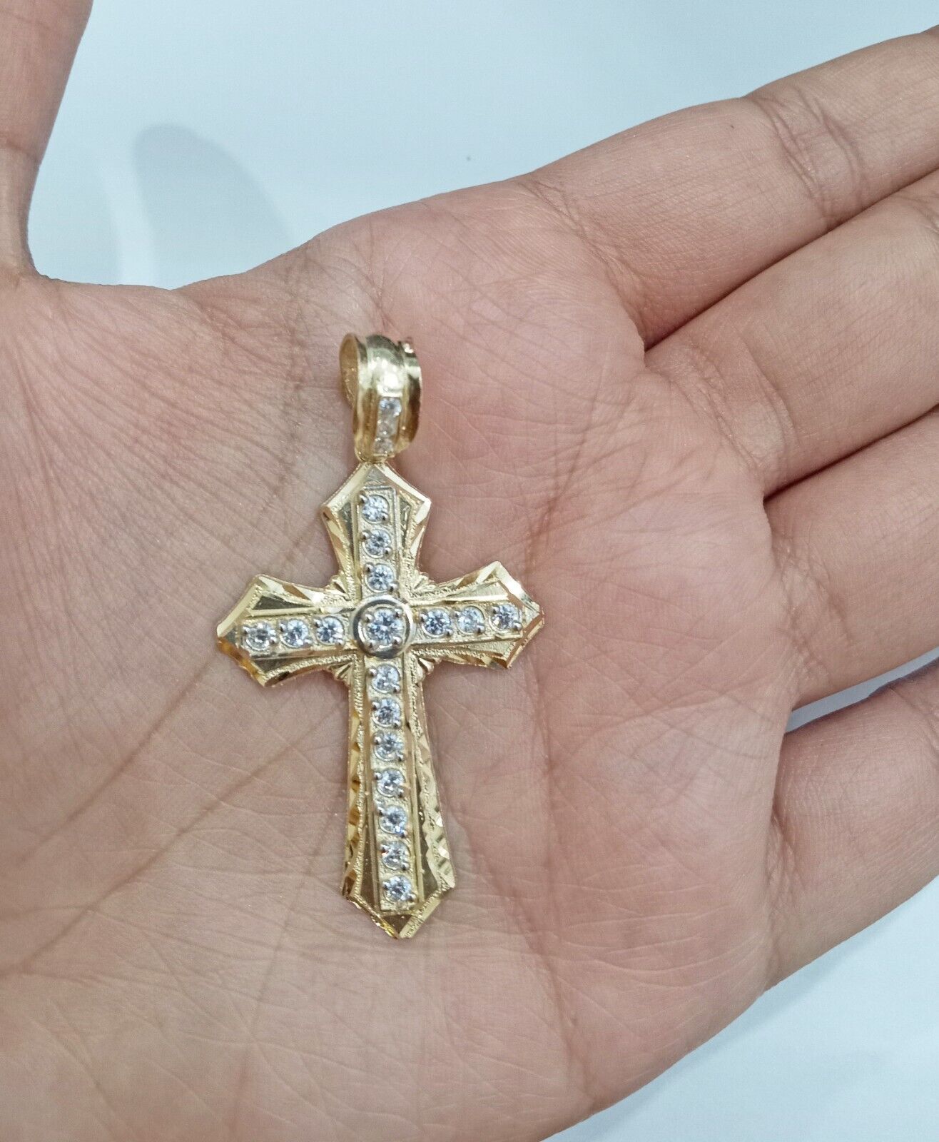 Real 14k Yellow Gold Diamond Cut Cross Charm Pendant 2" - GoldenlinQ