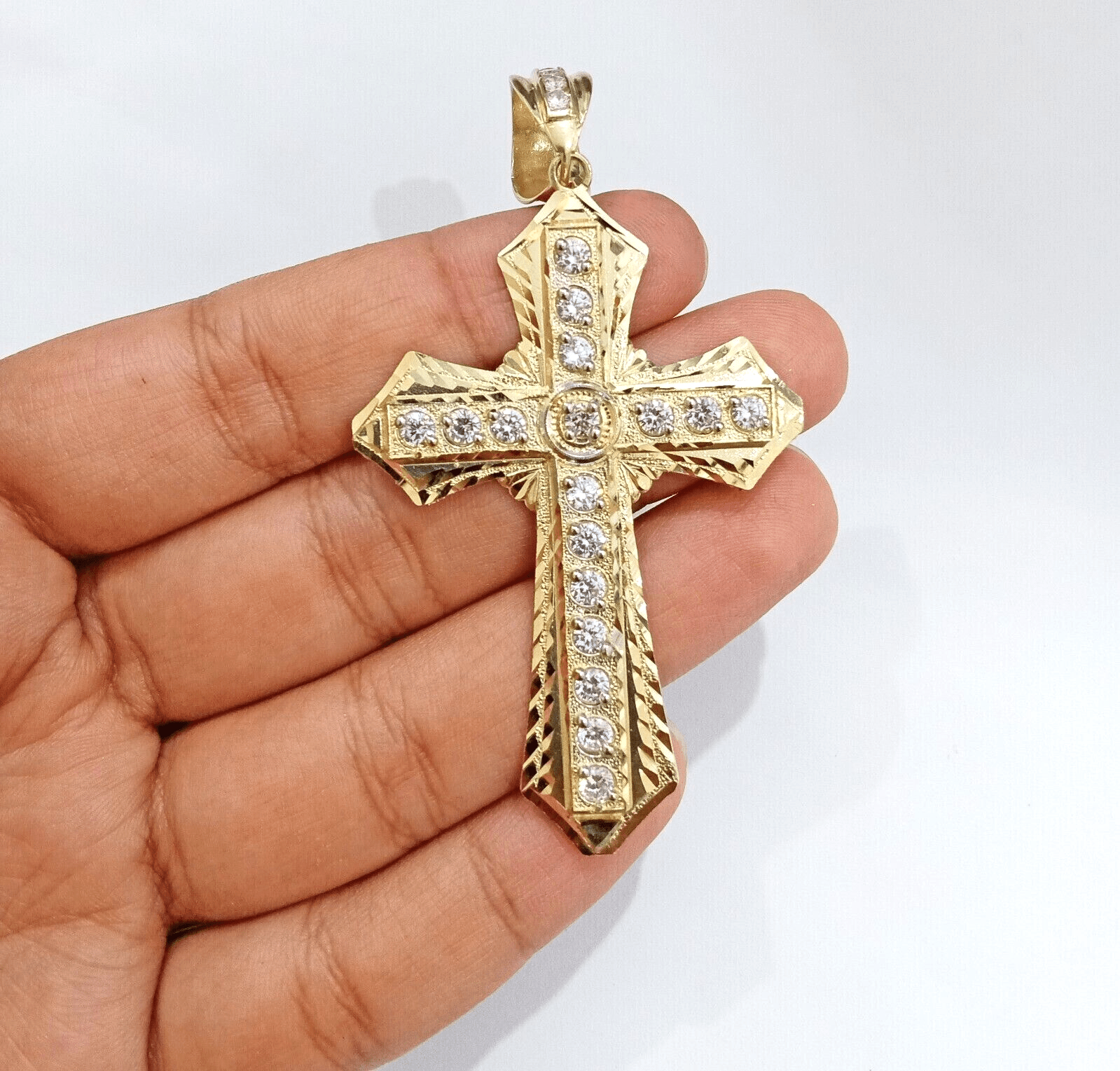 Real 14k Yellow Gold Diamond Cut Cross Charm Pendant For Mens 14kt Cross, New - GoldenlinQ