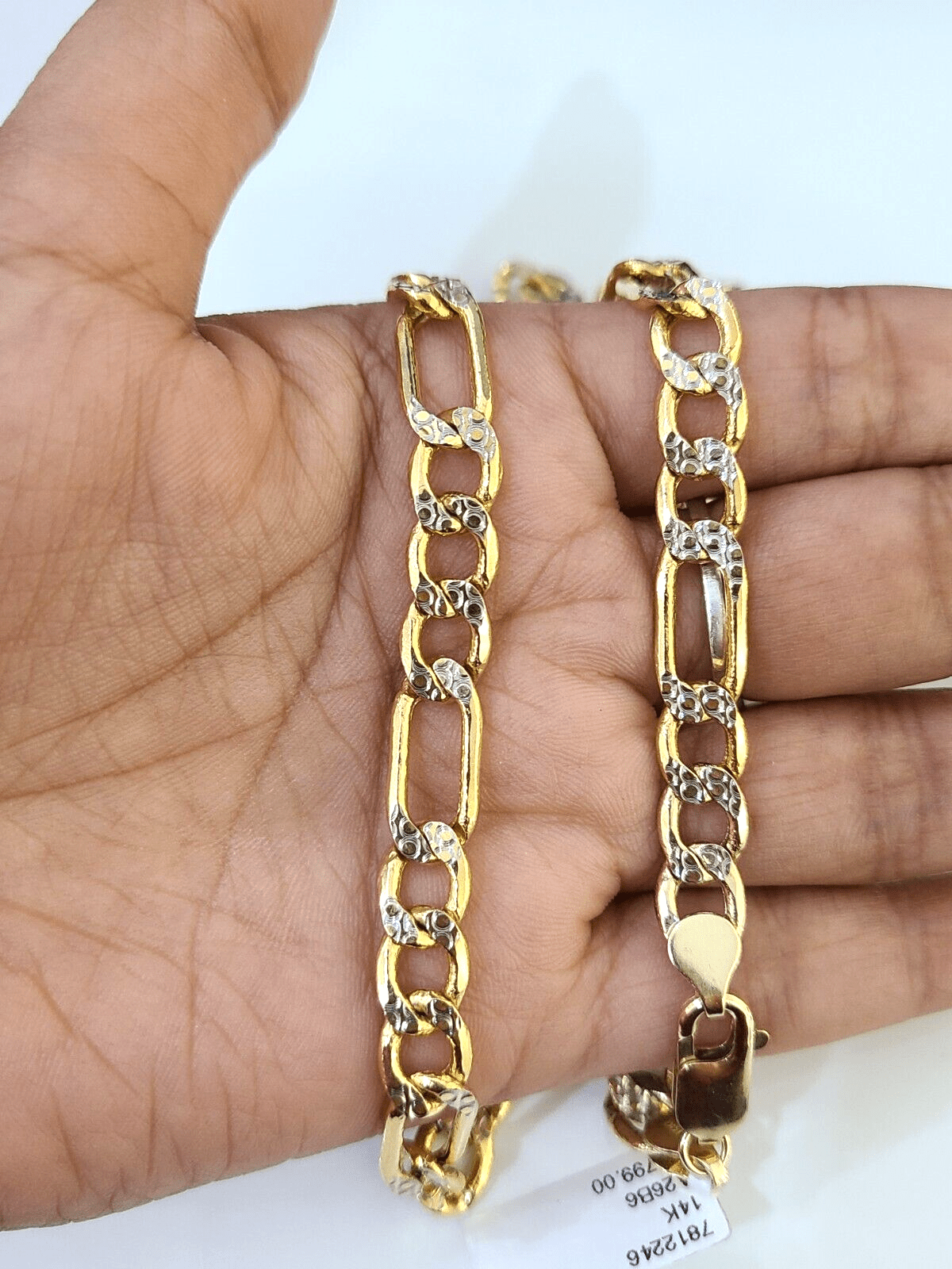 Real 14K Yellow Gold Figaro Link Chain Diamond Cut 8mm 24" Necklace Lobster - GoldenlinQ