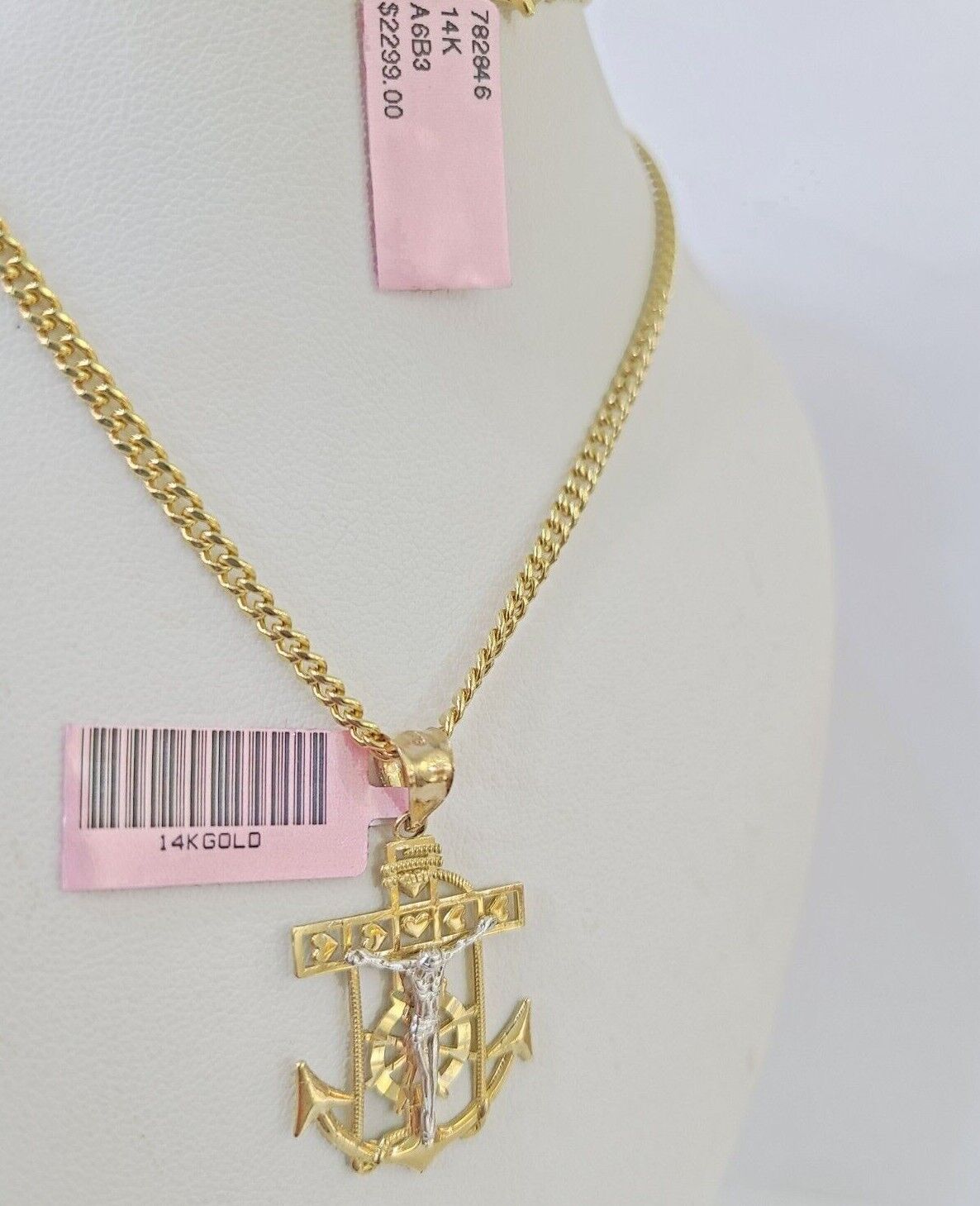 Real 14k Yellow Gold Jesus Anchor Charm Pendant &Miami Cuban Link Chain Necklace - GoldenlinQ