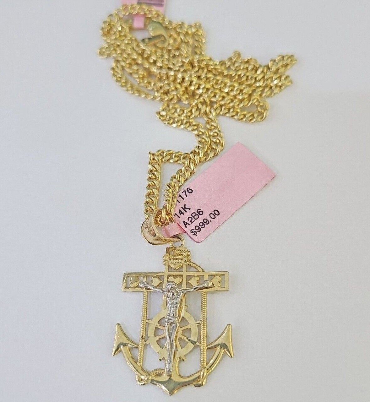 Real 14k Yellow Gold Jesus Anchor Charm Pendant &Miami Cuban Link Chain Necklace - GoldenlinQ