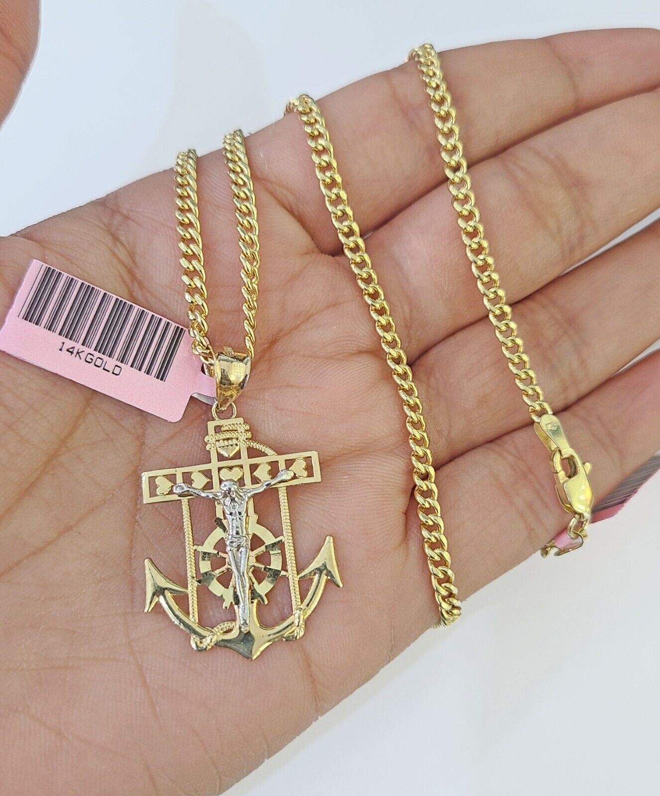 Real 14k Yellow Gold Jesus Anchor Charm Pendant &Miami Cuban Link Chain Necklace - GoldenlinQ