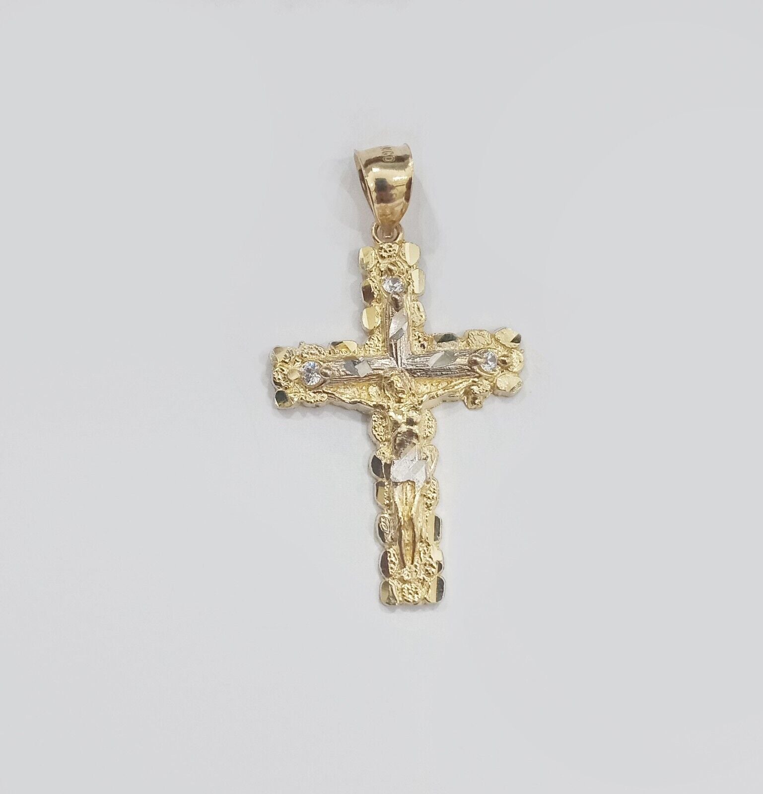 Real 14k Yellow Gold Jesus Crucifix Nugget Cross Charm Pendant 1.5" inch - GoldenlinQ