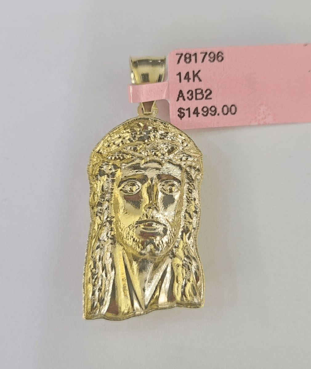 Real 14K Yellow Gold Jesus Head Pendant Charm Genuine 1.25" - GoldenlinQ