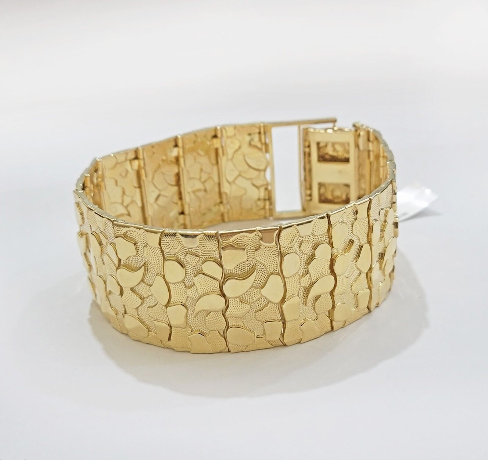 Real 14k Yellow Gold Nugget Bracelet 10 Inch Long 30mm Thick Genuine 14 KT Solid - GoldenlinQ