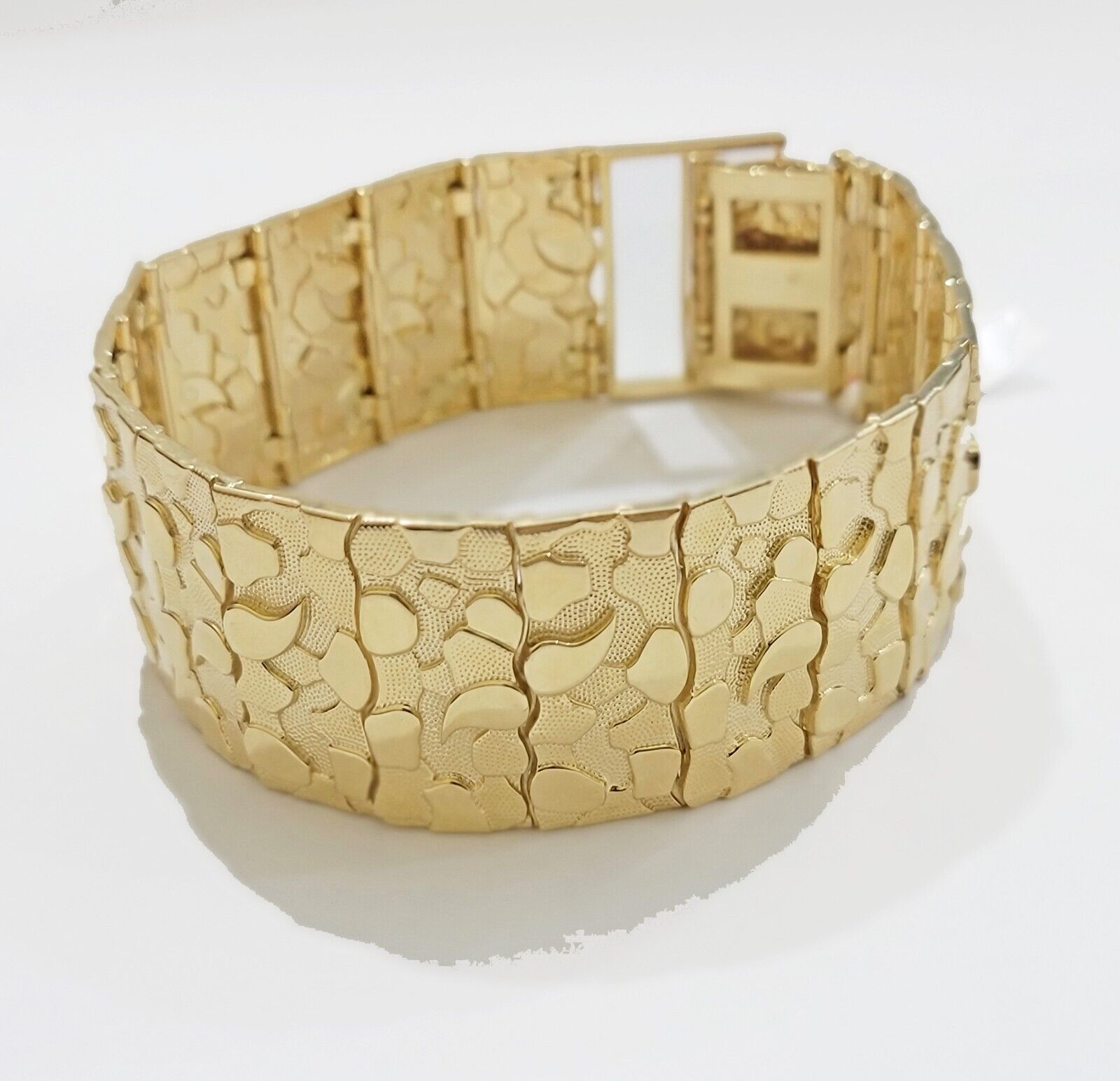Real 14k Yellow Gold Nugget Bracelet 10 Inch Long 30mm Thick Genuine 14 KT Solid - GoldenlinQ