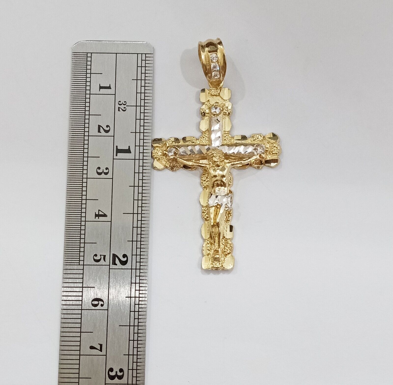Real 14k Yellow Gold Nugget Jesus Cross Charm Pendant 2" 14kt Gold - GoldenlinQ