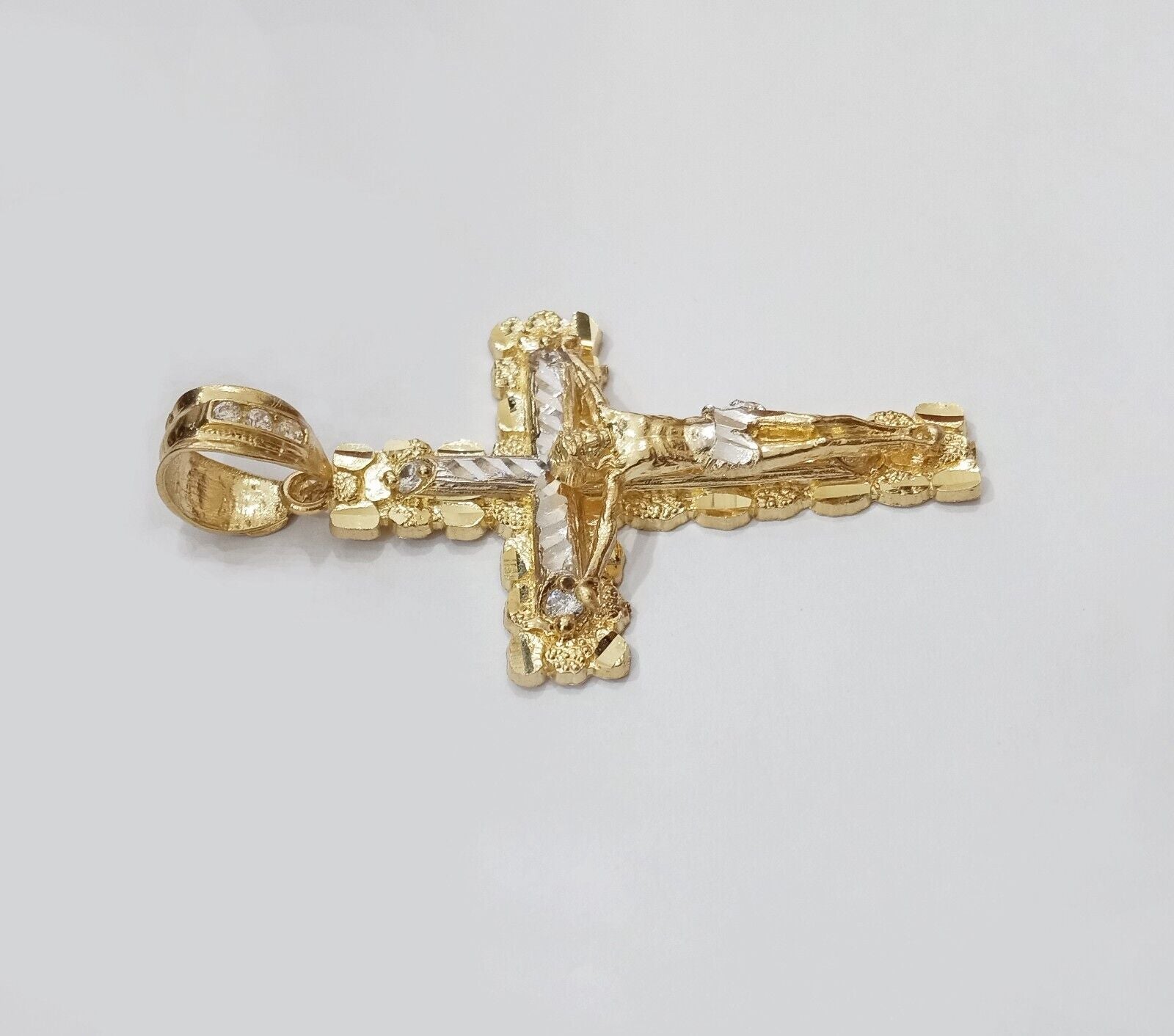 Real 14k Yellow Gold Nugget Jesus Cross Charm Pendant 2" 14kt Gold - GoldenlinQ