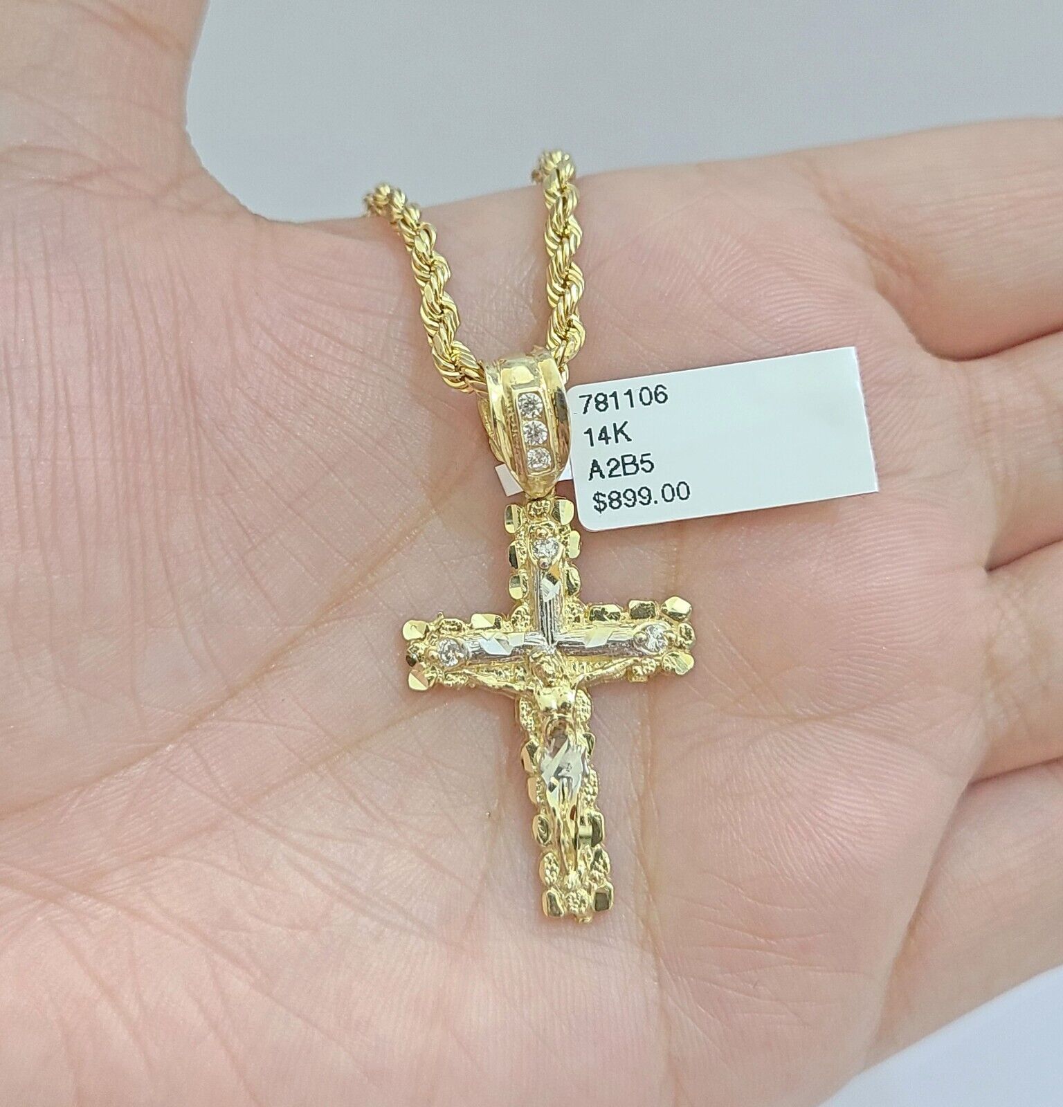 Real 14k Yellow Gold Rope Chain 24'' Necklace Jesus Crucifix Cross Charm Pendant - GoldenlinQ