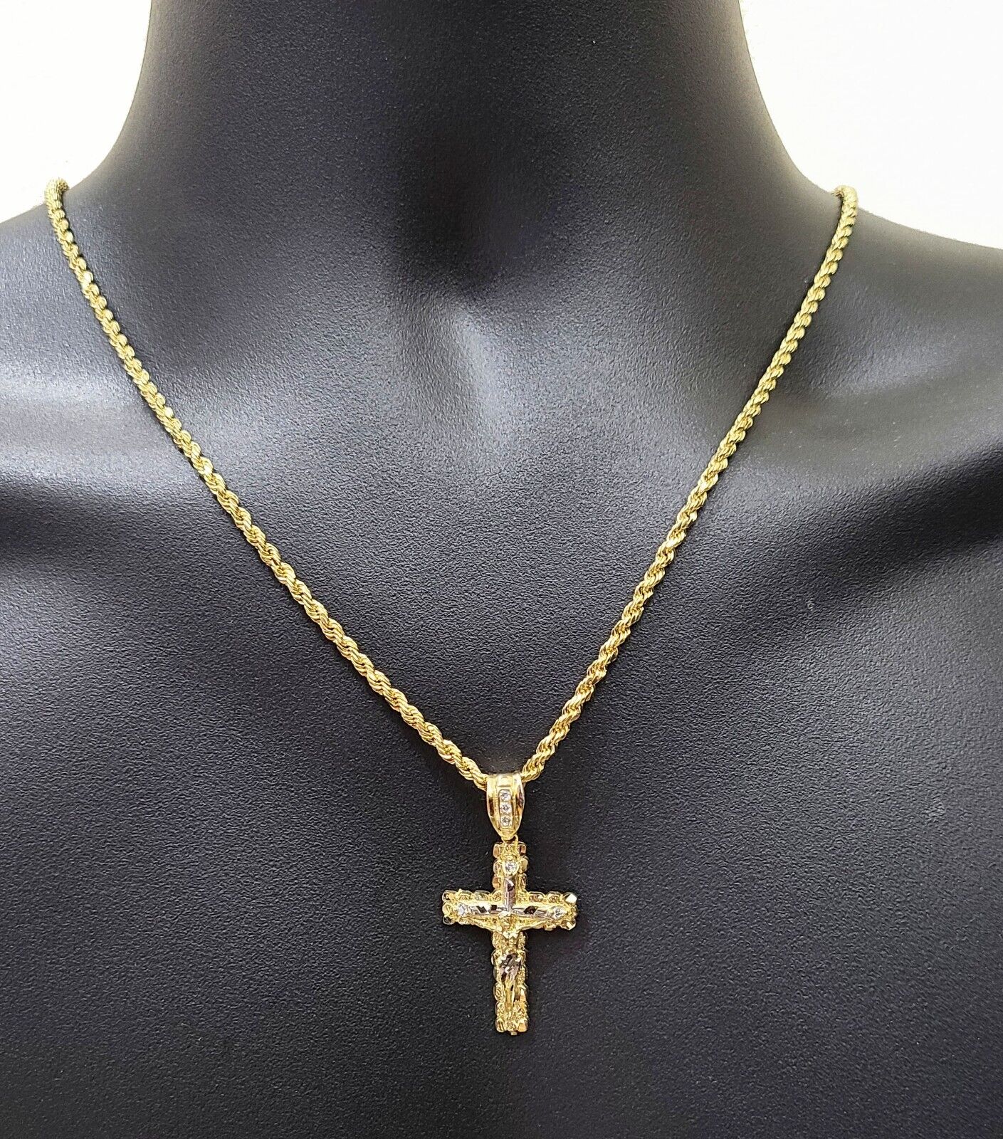 Real 14k Yellow Gold Rope Chain 24'' Necklace Jesus Crucifix Cross Charm Pendant - GoldenlinQ