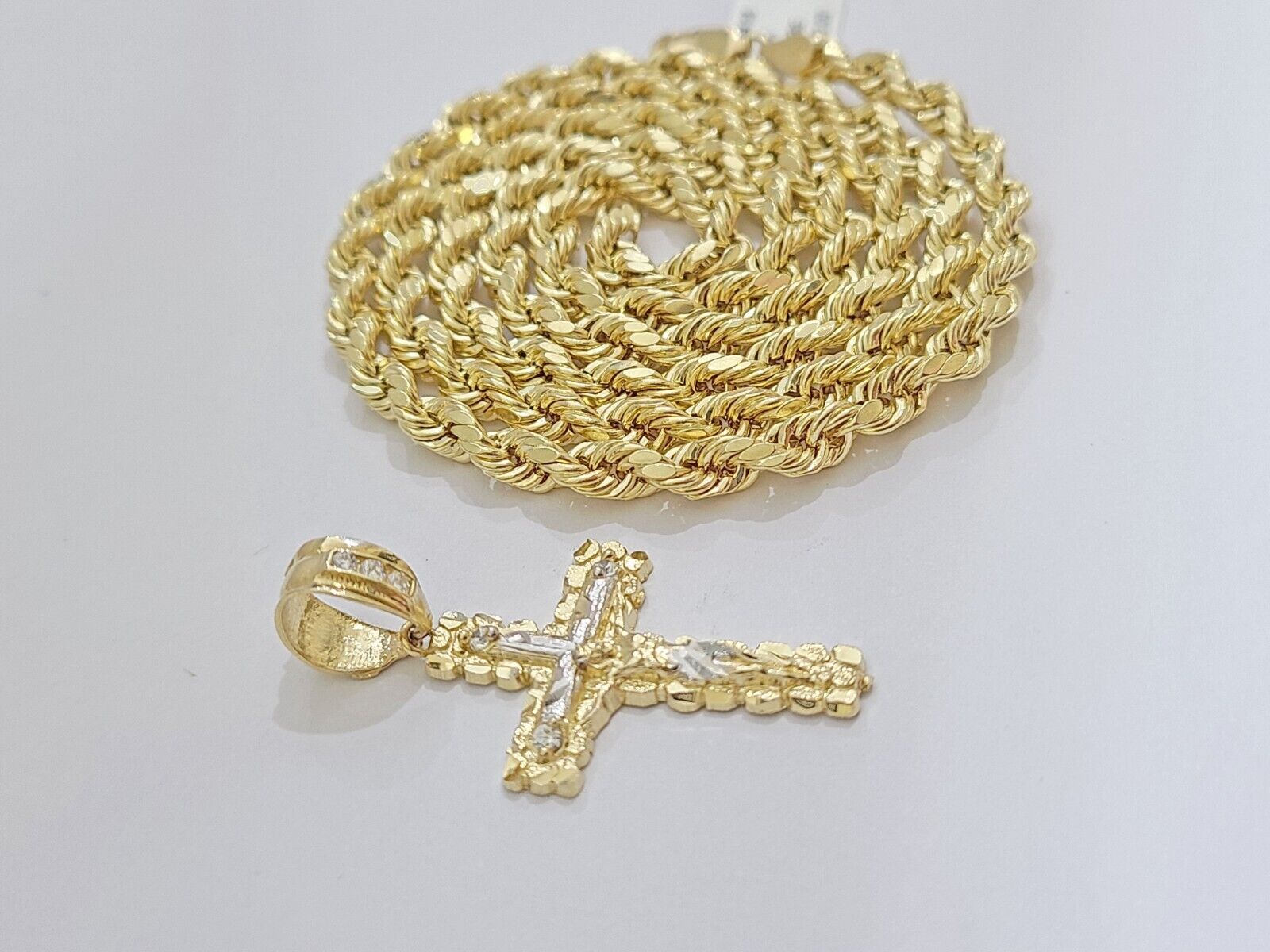 Real 14k Yellow Gold Rope Chain 26'' Necklace Jesus Crucifix Cross Charm Pendant - GoldenlinQ